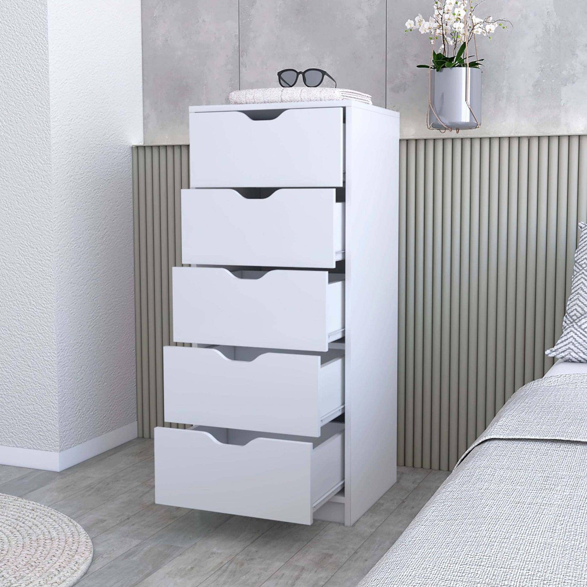 Dillon 5 Narrow Drawer Dresser, Tall Chest Of Drawers White Mdf Engineered Wood