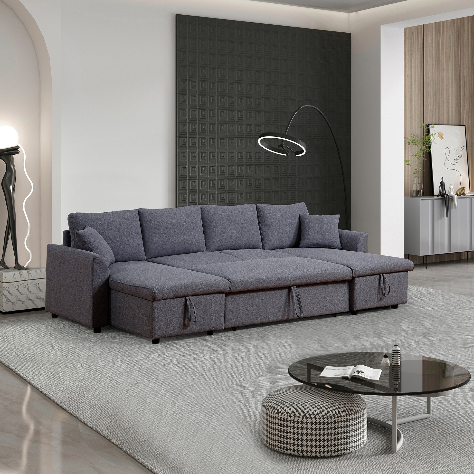 Artemax U Shape Pull Out Sleeper Sectional Sofa With Double Storage Spaces ,Dark Gray Dark Gray Fabric