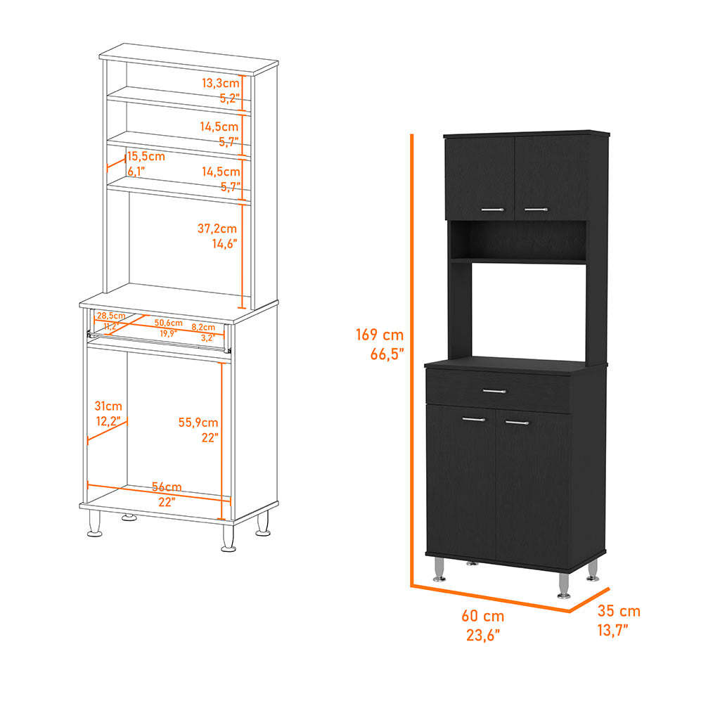 Bay Area Pantry, Two Door Cabinets, One Drawer, Four Adjustable Metal Legs Black Mdf Engineered Wood