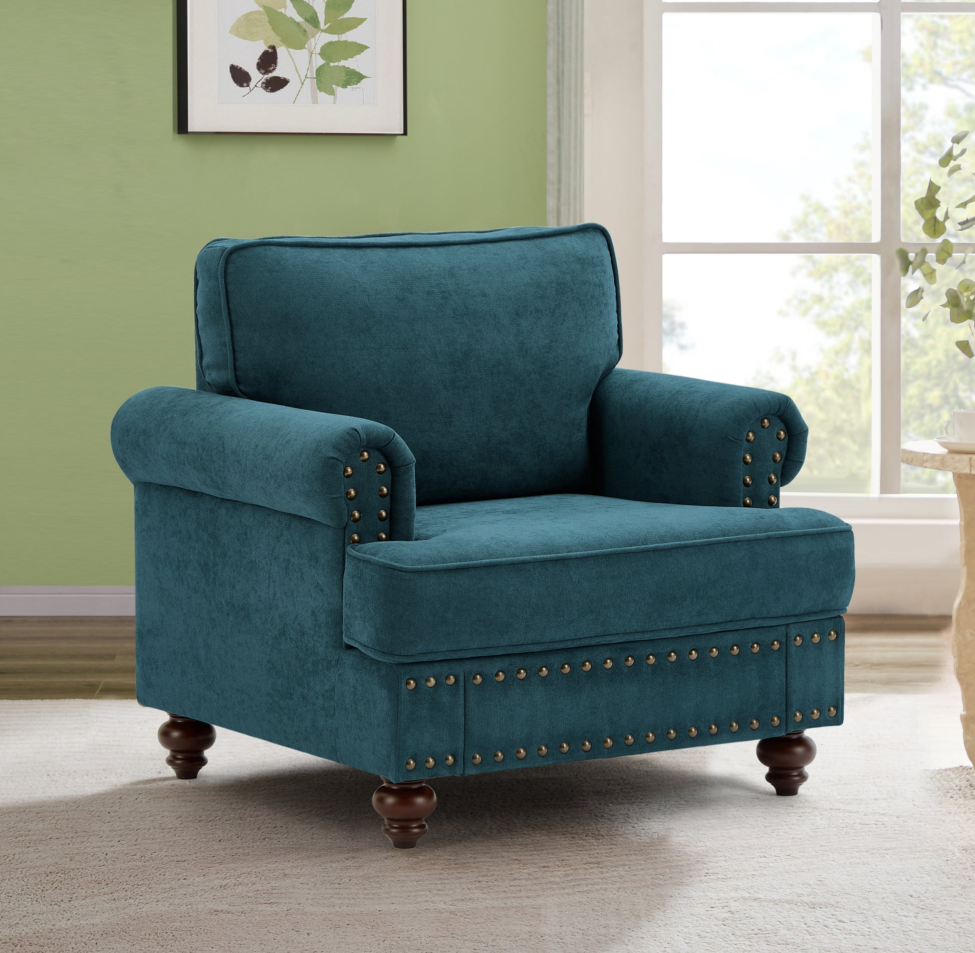Modern Sofa For Living Room,38"Green Chenille Sofa Couch, Sectional Beautiful Seat Sofa Couch With Brown Legs, Upholstered Sofa For Apartment Bedroom Home Office Lake Green Brown Polyester Wood Primary Living Space Soft American Design Rolled Arms
