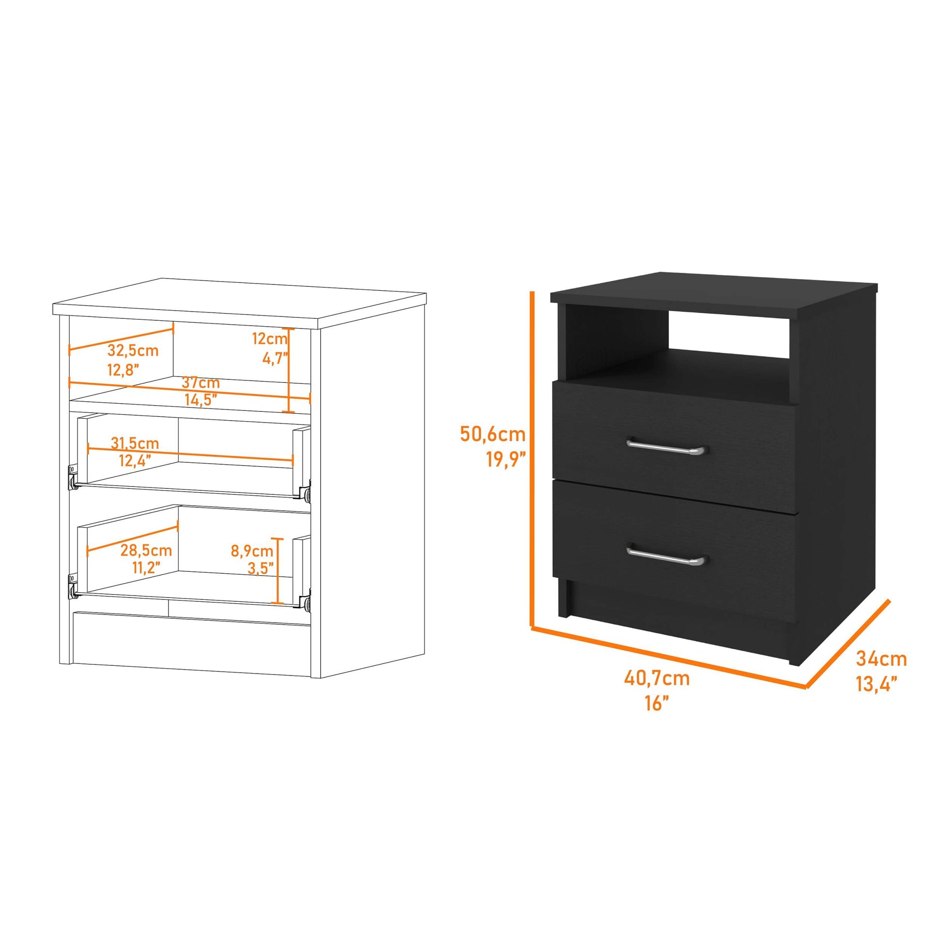 Oklahoma Nightstand,Two Drawers, One Shelf Black Mdf Engineered Wood