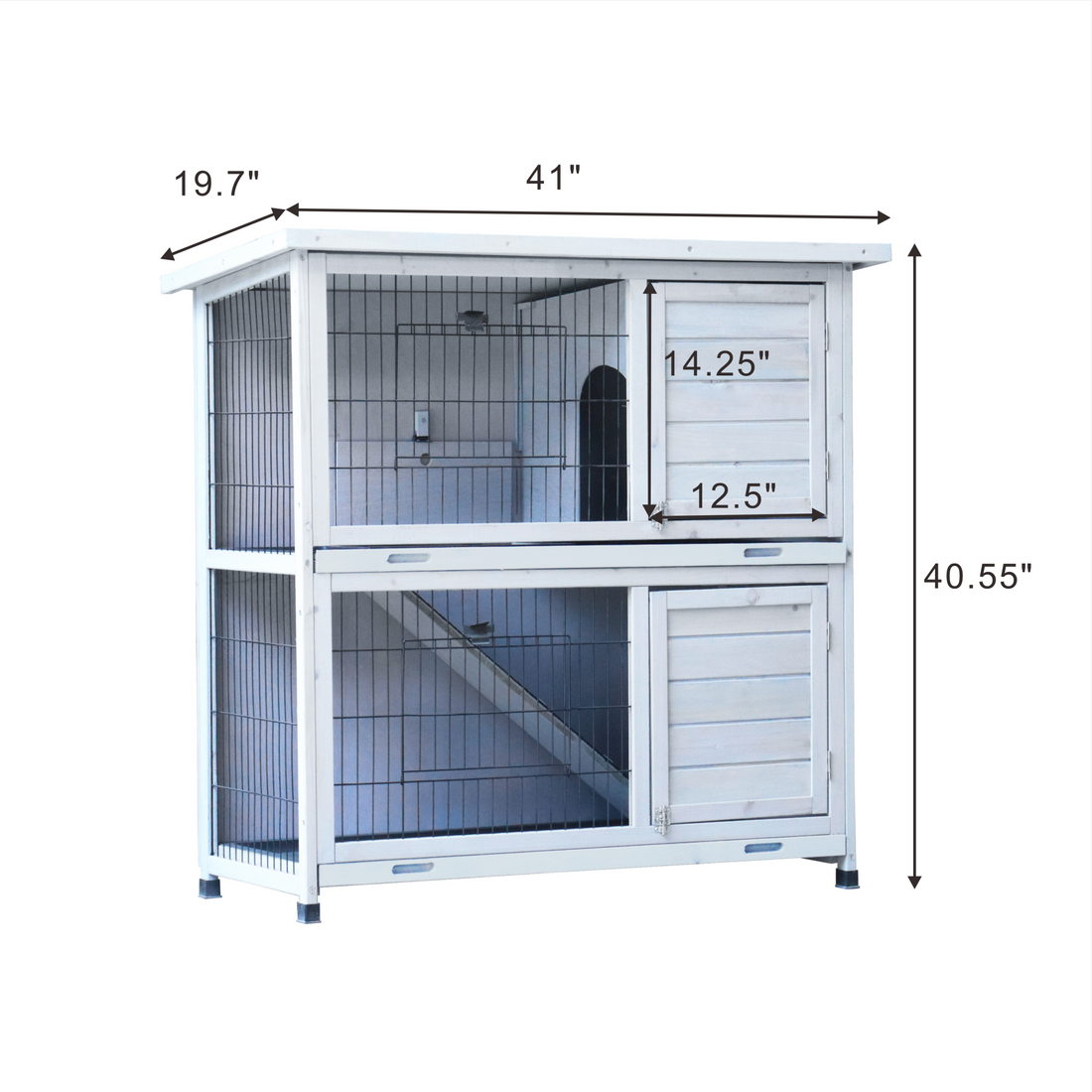 Rabbit Hutch Outdoor, 2 Story Rabbit Cage Indoor With Run, Bunny Cage With 2 Removable No Leak Trays, Pet Cages With Non Slip Ramp, Waterproof Roof, Fence, For Small Animals Gray Pet Pen American Design,Farmhouse,Pastoral Medium 26 40 Lbs Foam Metal &