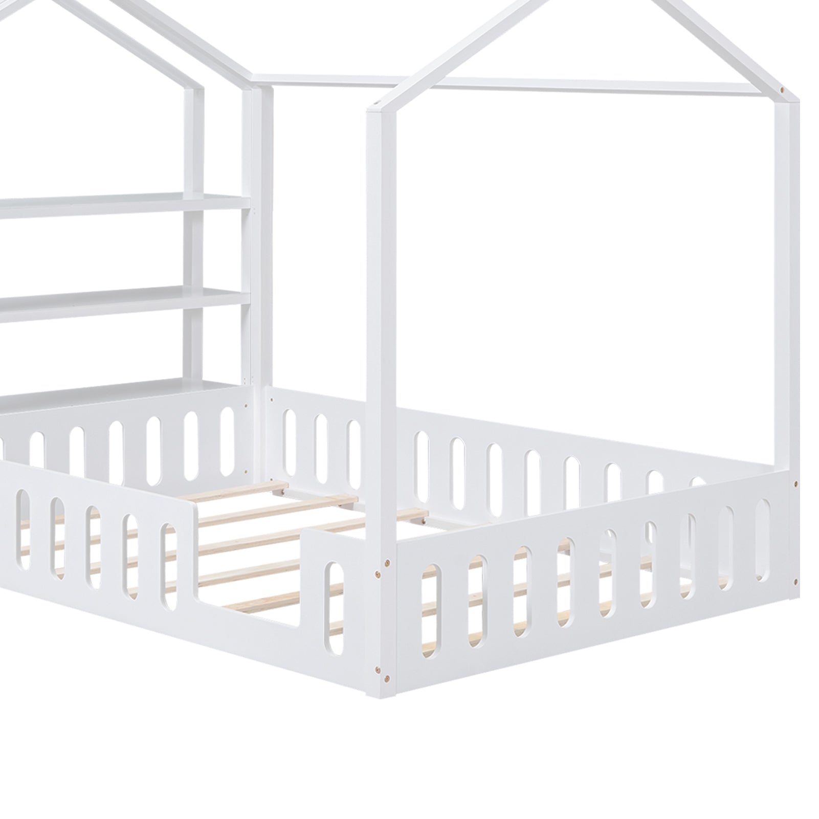 Full Size Wood House Bed With Fence And Detachable Storage Shelves, White Box Spring Not Required Full White Wood Bedroom Bed Frame Solid Wood Mdf