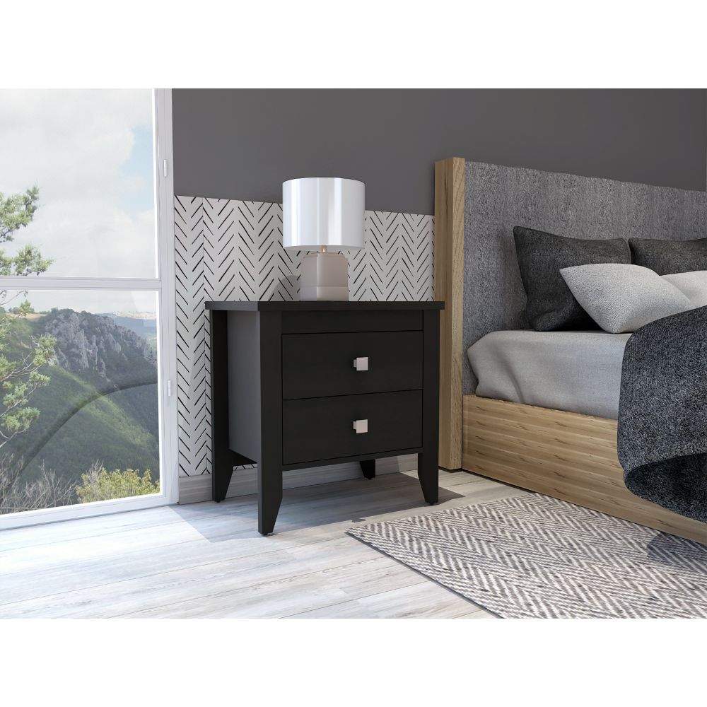 Breeze Four Legged Modern Bedroom Nightstand, With Two Drawers Black Mdf Engineered Wood