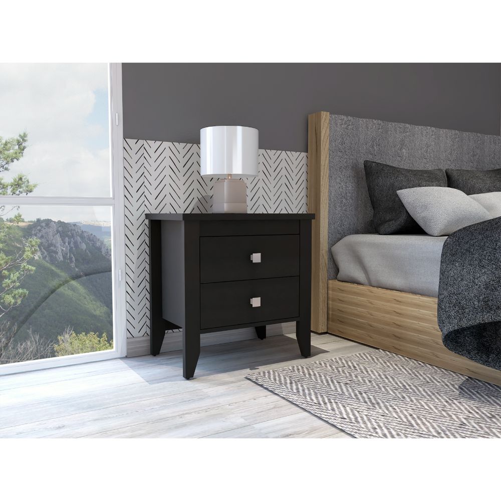 Breeze Four Legged Modern Bedroom Nightstand, With Two Drawers Black 2 Drawers Bedroom Rectangle Modern Shelf Mdf Engineered Wood