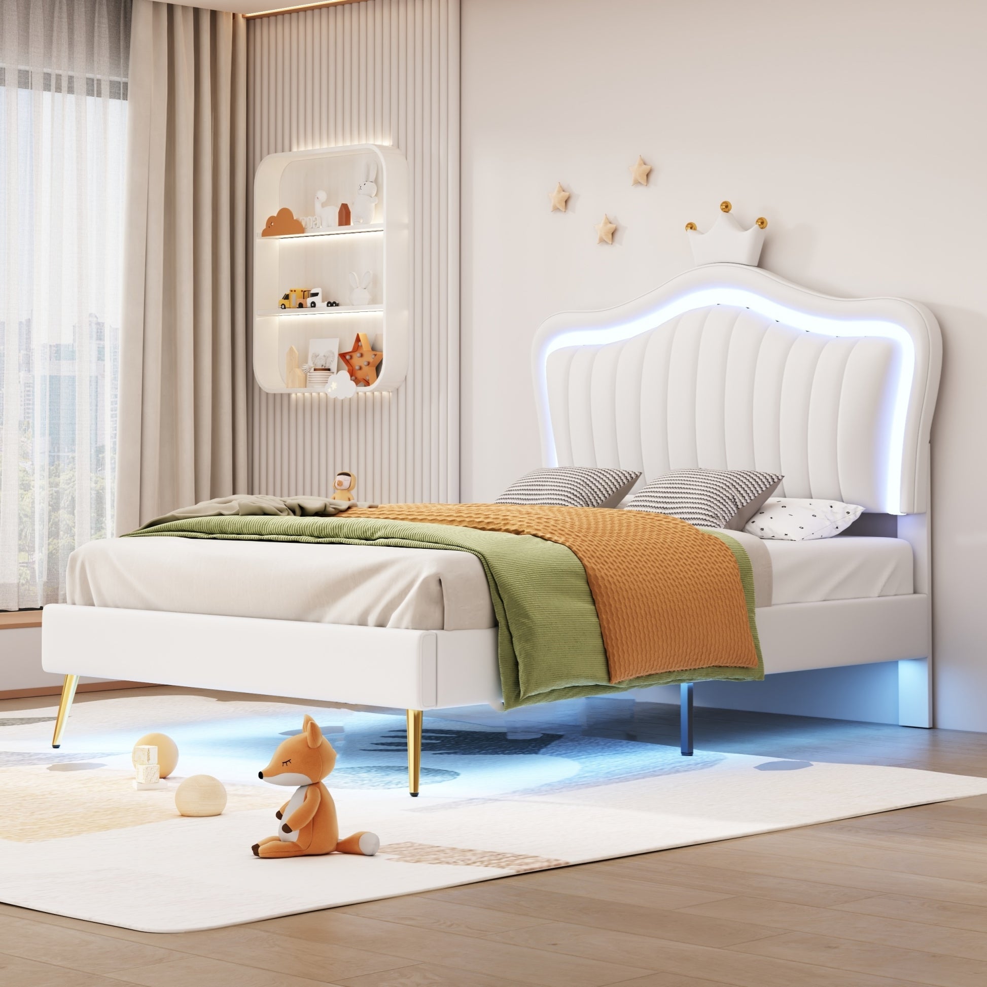 Twin Size Upholstered Bed Frame With Led Lights, Modern Upholstered Princess Bed With Crown Headboard,White Twin White Pu