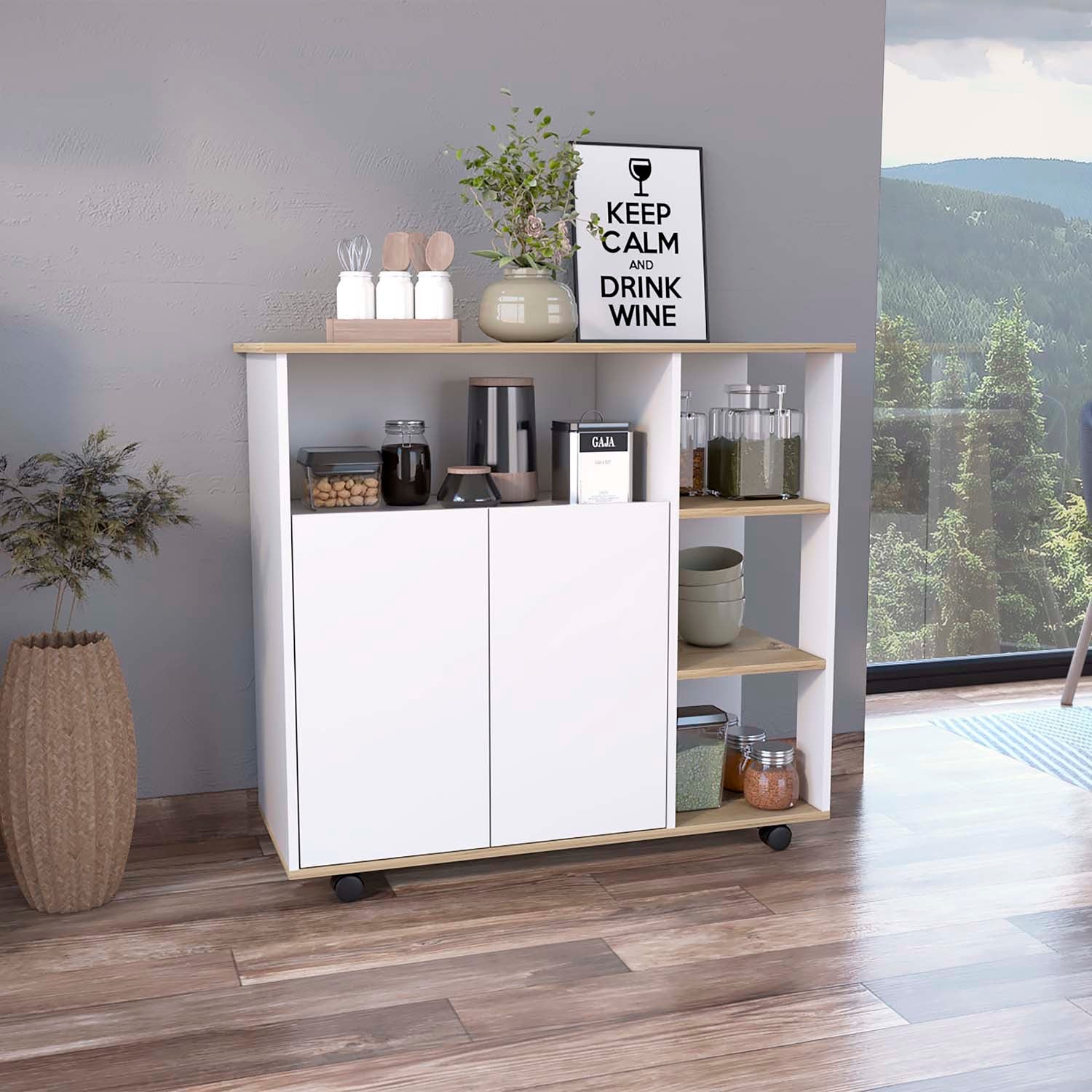 Serbia Kitchen Island, One Cabinet, Four Open Shelves Multicolor White Kitchen American Design,Contemporary,Industrial Rectangular Stationary Kitchen Islands Pine Pine Engineered Wood