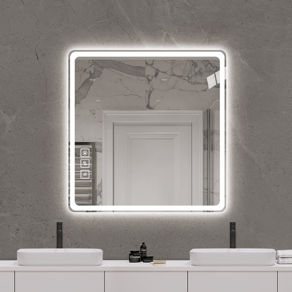 36X36 Inch Led Bathroom Mirror Vanity Mirrors With Front Lights Wall Mounted Anti Fog Frameless Make Up Mirror With Light 5 Mm Copper Free Silver Mirror Horizontal Or Vertical Silver Glass