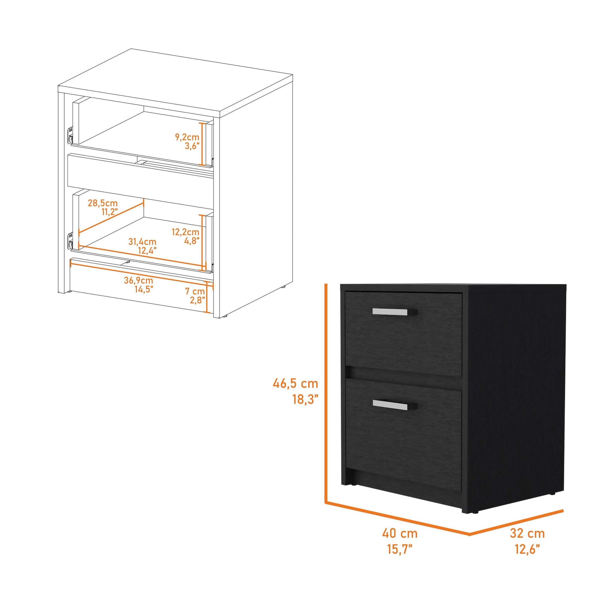 Myrtle 2 Drawers Nightstand, Bedside Table With Metal Handles Black Mdf Engineered Wood