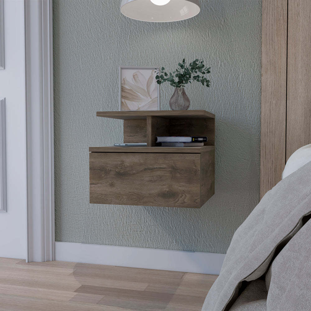 Augusta Floating Nightstand With 2 Tier Shelf And 1 Drawer Brown Mdf Engineered Wood