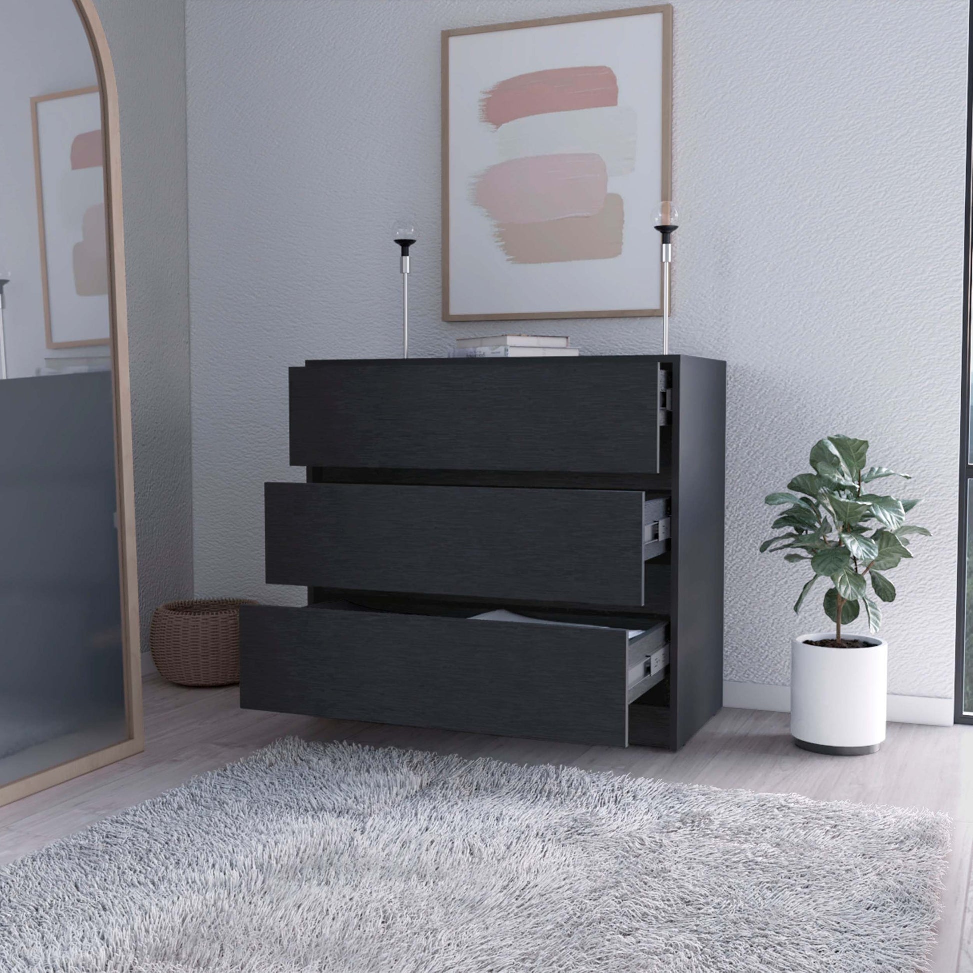 Avra 3 Drawer Dresser, Manufactured Wood Top And Front Chest Of Drawers Black Mdf Engineered Wood