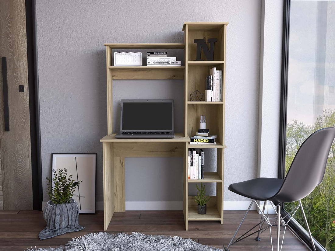 Nashville Writing Desk, Six Shelves Beige Computer Desk Office Contemporary Rectangular Bookcase Computer Tables Rectangular Melamine Engineered Wood