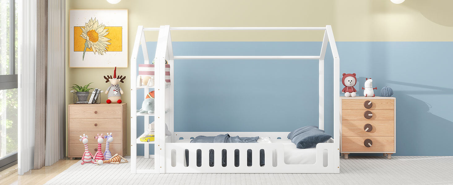 Full Size Wood House Bed With Fence And Detachable Storage Shelves, White Box Spring Not Required Full White Wood Bedroom Bed Frame Solid Wood Mdf
