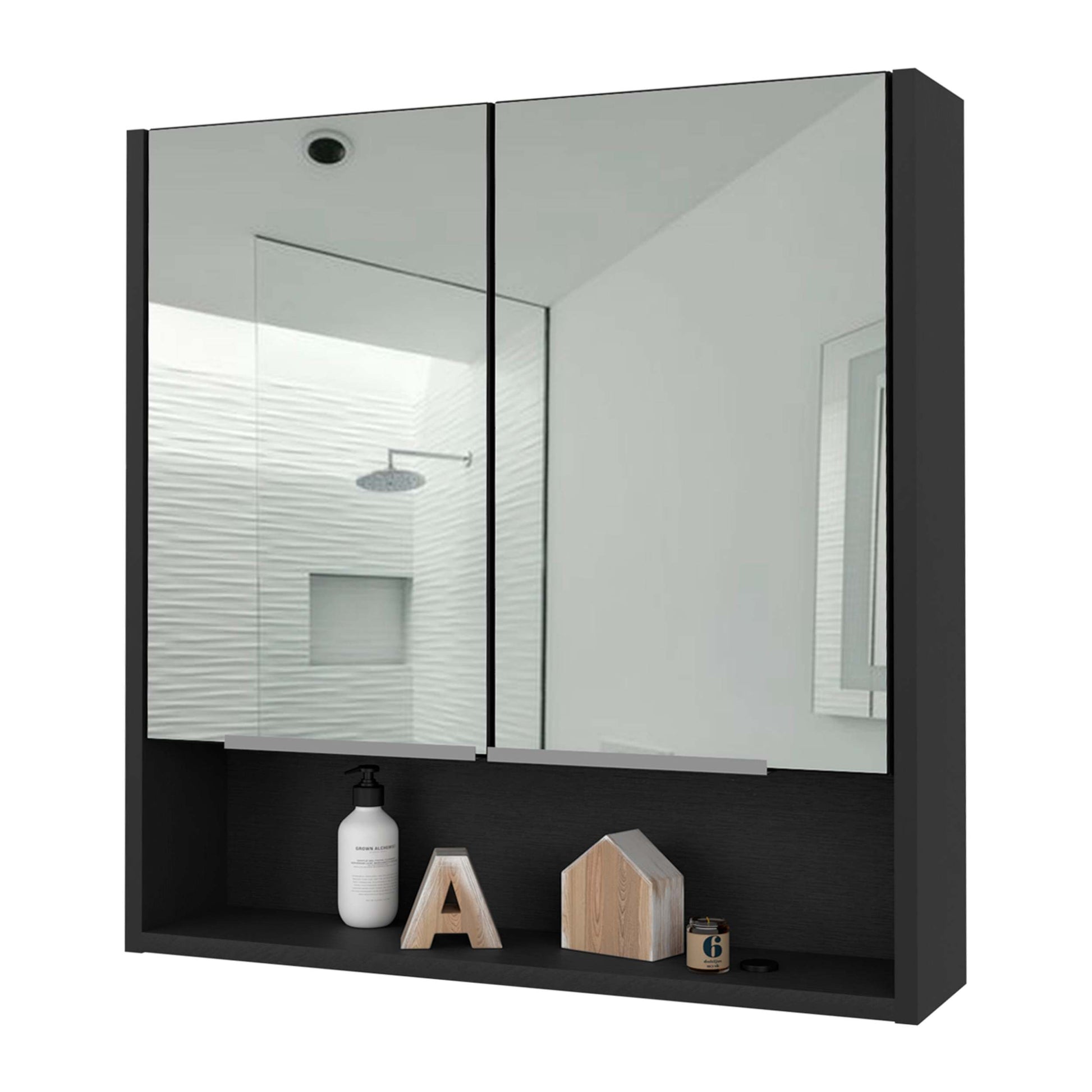 Ozark 24" Medicine Cabinet With Mirror, One Shelf Black 1 1 18 To 23 In 24 To 31 In Mirror Included Bathroom Wall Mounted Modern 5 10 Inches Melamine Engineered Wood