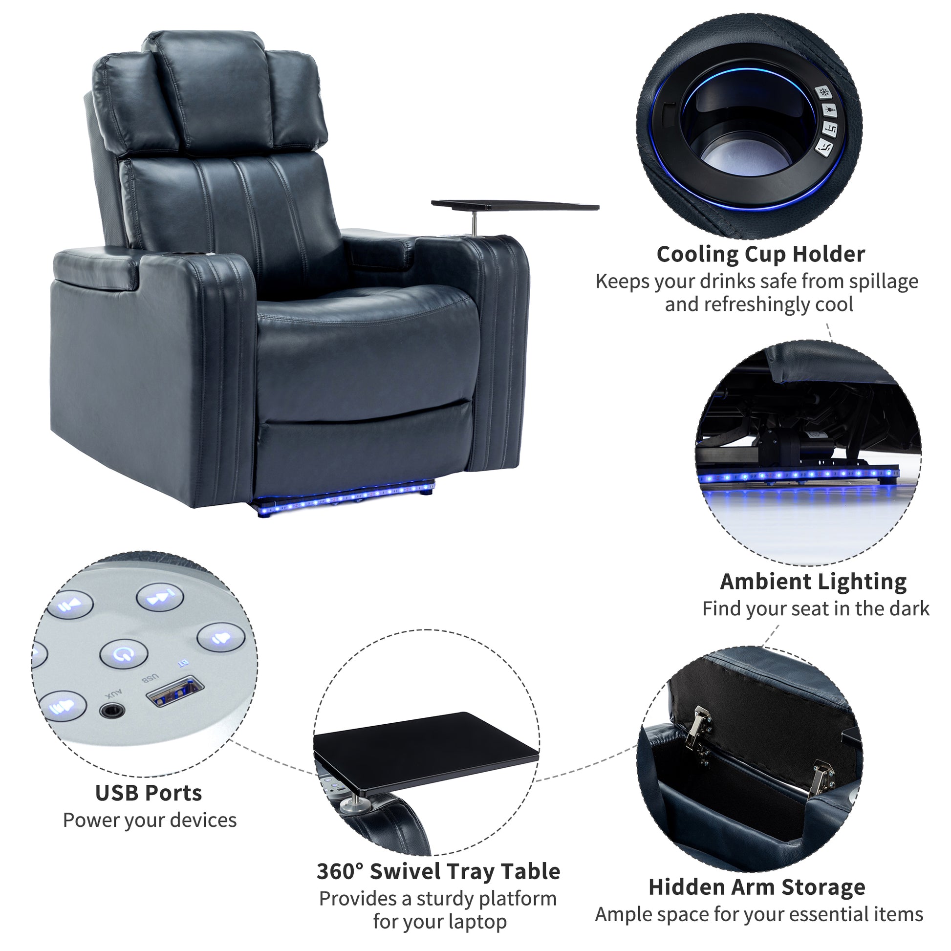 Pu Leather Power Recliner Individual Seat Home Theater Recliner With Cooling Cup Holder, Bluetooth Speaker, Led Lights, Usb Ports, Tray Table, Arm Storage For Living Room, Blue Blue Foam Pu