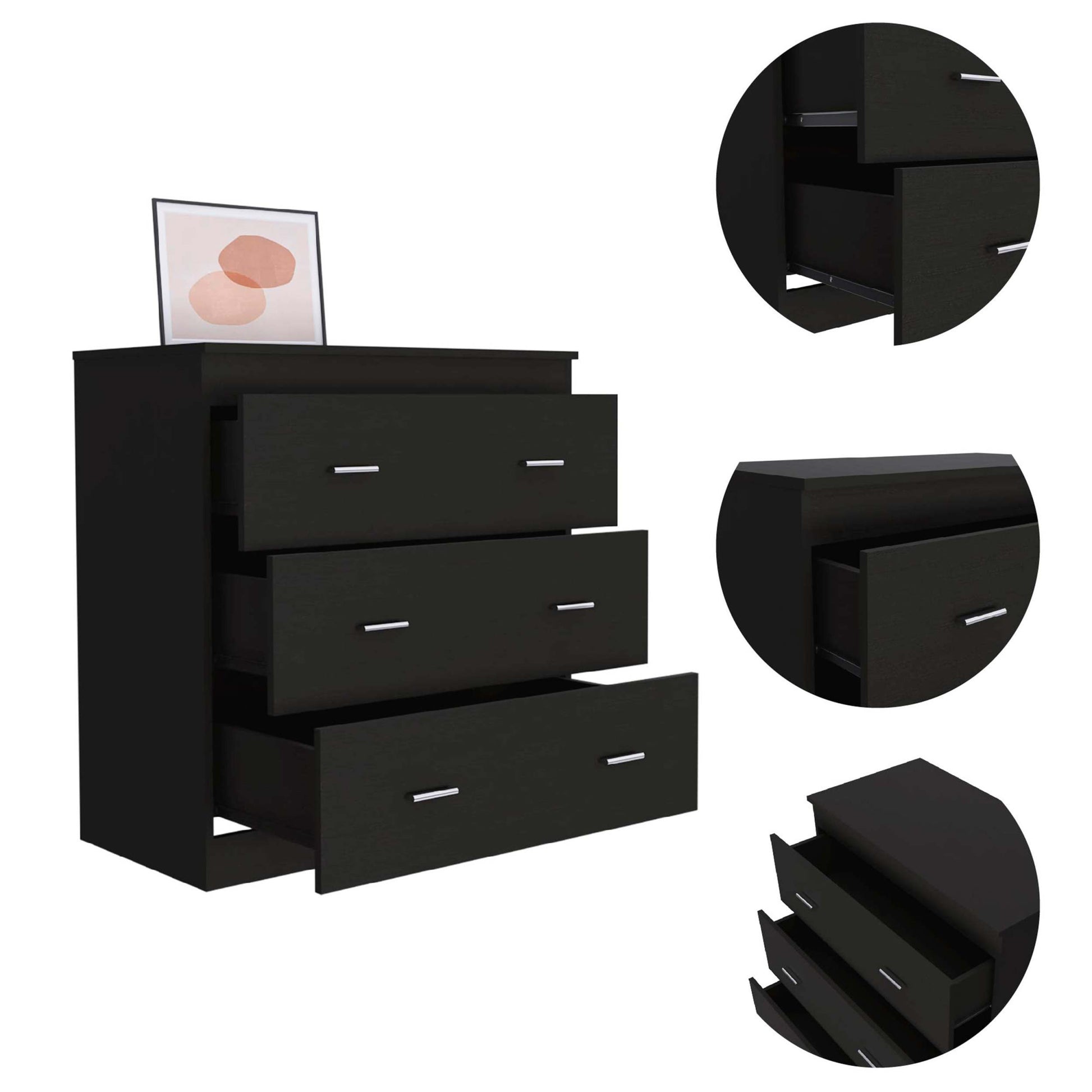 Dove Three Drawer Dresser, Superior Top Black Mdf Engineered Wood