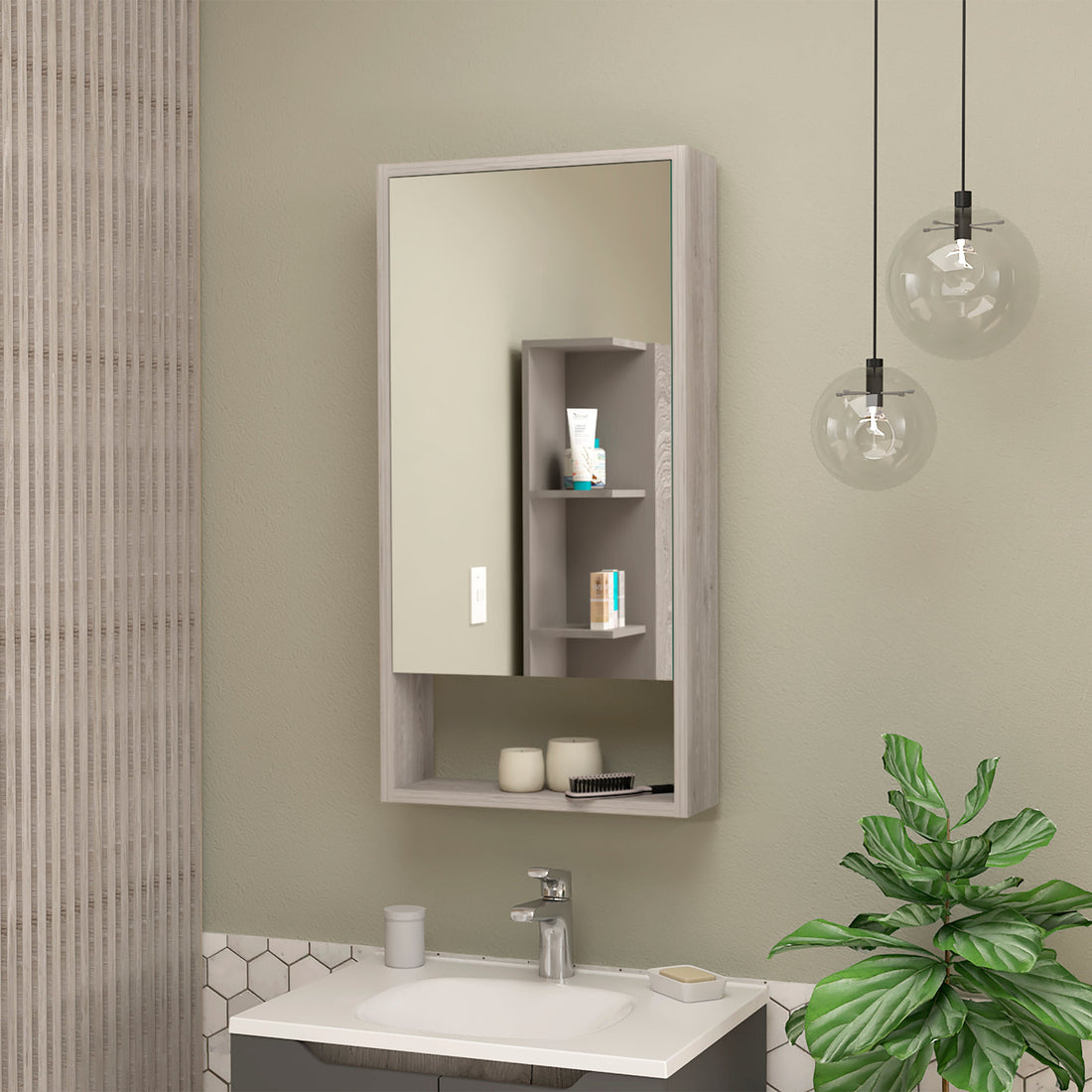 Modesto Medicine Cabinet, One Open Shelf, Mirrored Cabinet With Two Interior Shelves Beige Mdf Engineered Wood