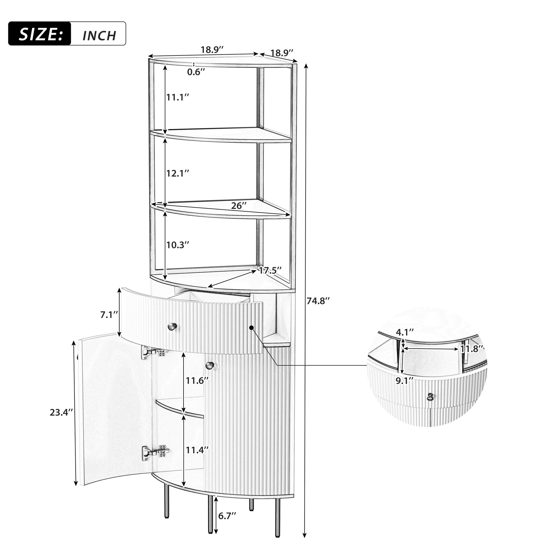 74.8" Tall Modern Corner Bookshelf,Fan Shaped Bookcase With 1 Drawer And 2 Doors ,Wooden Standing Corner Shelf With Gold Metal Frame For Living Room,Home Office,White White Mdf Metal