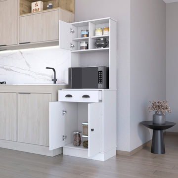 Powell Microwave Kitchen Cabinet With 3 Doors, Handles And Drawer White Mdf Engineered Wood