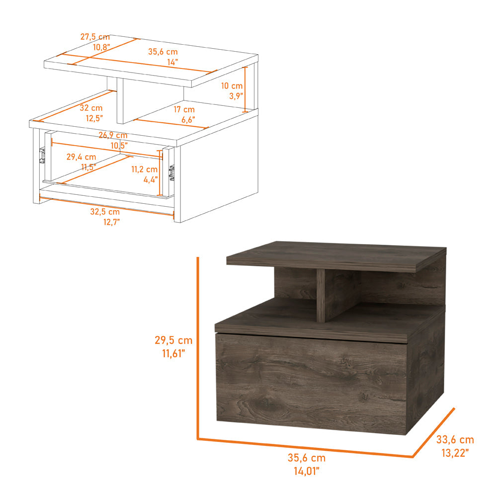 Augusta Floating Nightstand With 2 Tier Shelf And 1 Drawer Brown 1 Drawer Bedroom Rectangle Modern Shelf Mdf Engineered Wood