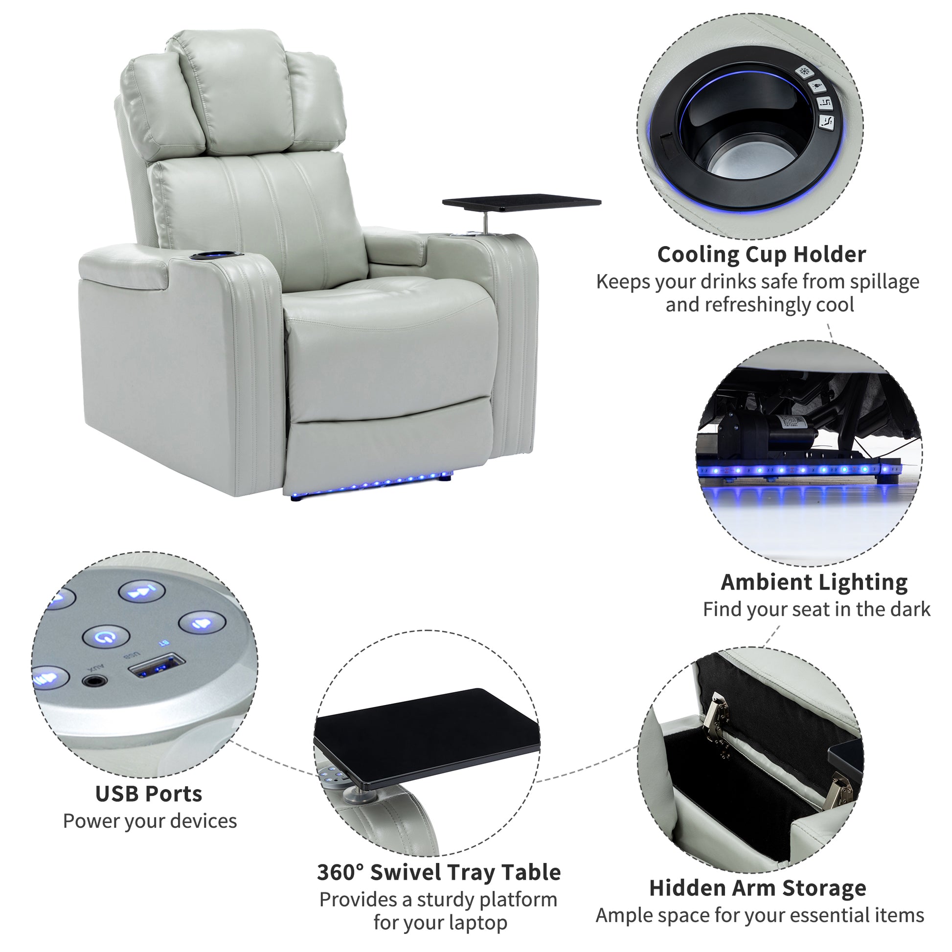 Pu Leather Power Recliner Individual Seat Home Theater Recliner With Cooling Cup Holder, Bluetooth Speaker, Led Lights, Usb Ports, Tray Table, Arm Storage For Living Room, Grey Grey Foam Pu