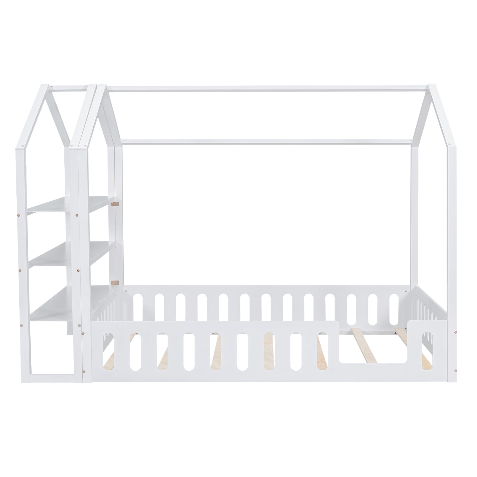 Full Size Wood House Bed With Fence And Detachable Storage Shelves, White Box Spring Not Required Full White Wood Bedroom Bed Frame Solid Wood Mdf