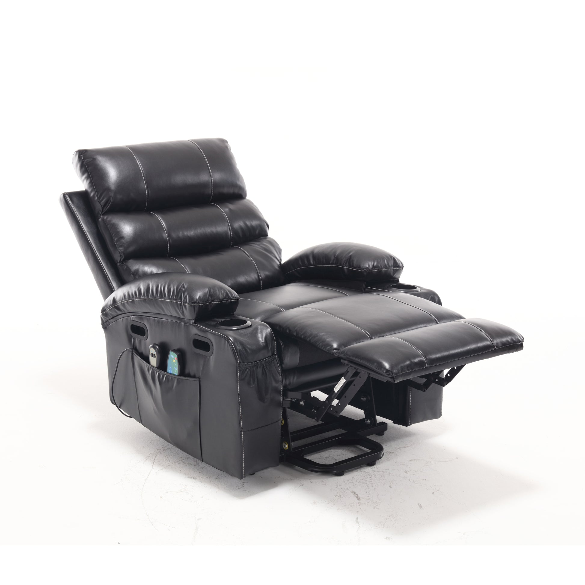 21"Seat Width,Large Size Electric Power Lift Recliner Chair Sofa For Elderly, 8 Point Vibration Massage And Lumber Heat, Remote Control, Side Pockets And Cup Holders, Cozy Fabric, Overstuffed Arm Pu Black Pu