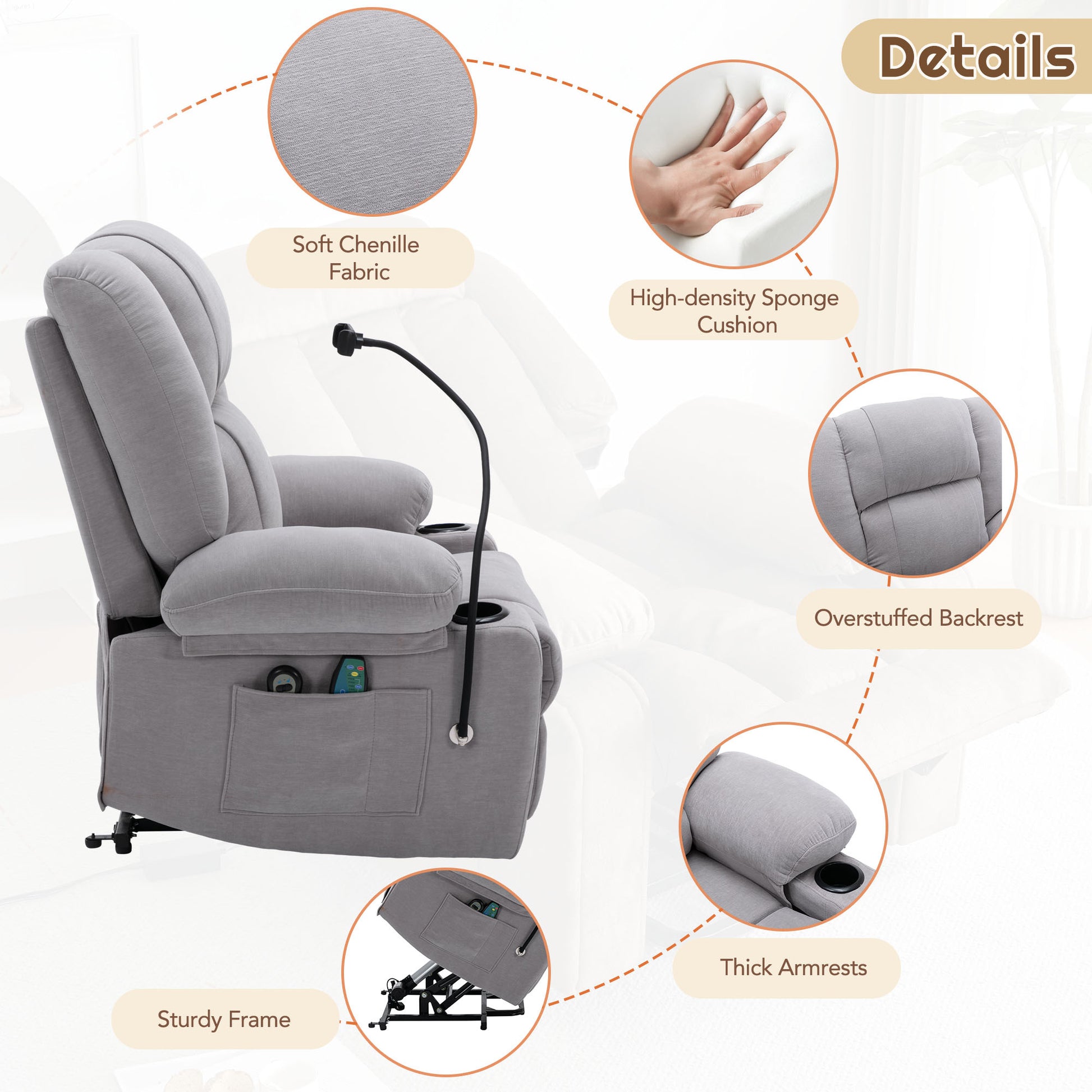 Power Lift Recliner Chair Electric Recliner For Elderly Recliner Chair With Massage And Heating Functions, Remote, Phone Holder Side Pockets And Cup Holders For Living Room, Grey Grey Foam Chenille