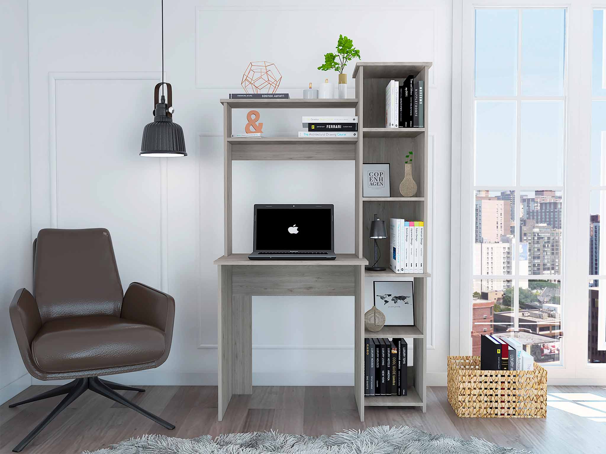 Nashville Writing Desk, Six Shelves Beige Computer Desk Bedroom Modern Freestanding Rectangular Shelves Computer Tables Rectangular Mdf Engineered Wood