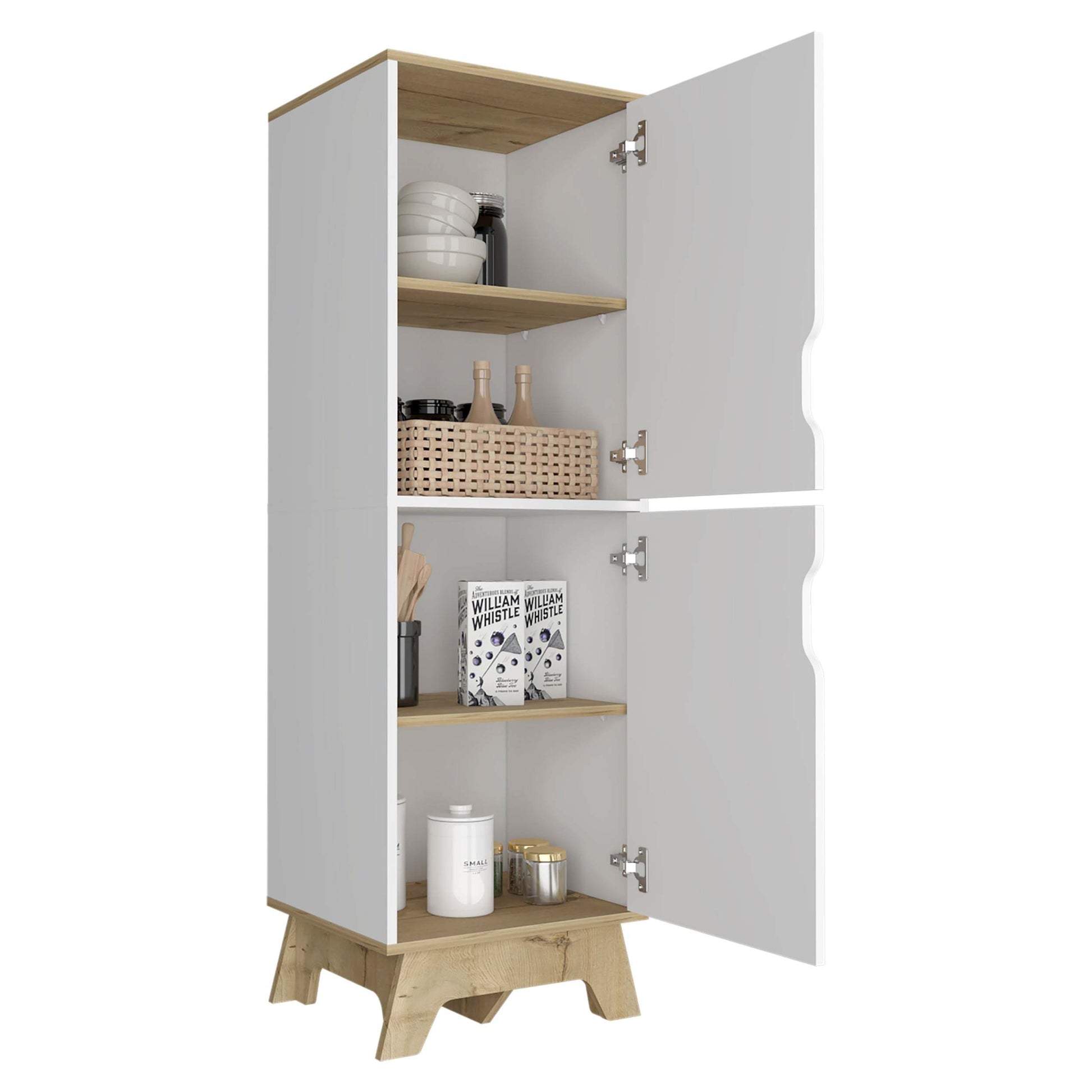 British Single Kitchen Pantry, Four Storage Shelves, Double Doors Cabinets Multicolor Mdf Engineered Wood