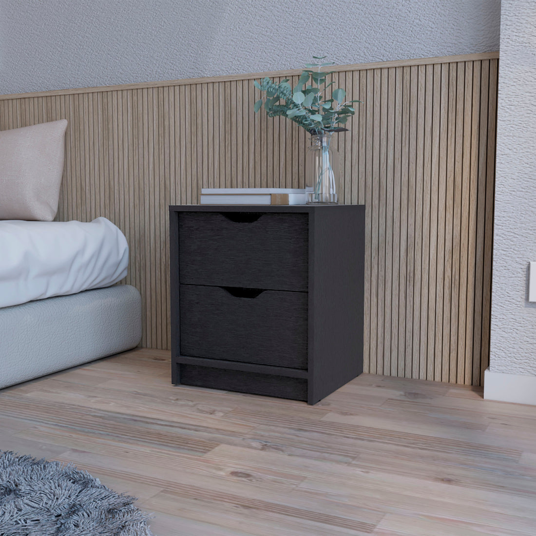 Dillon 2 Drawers Nightstand, Bedside Table With Storage Black 2 Drawers Bedroom Rectangle Modern Shelf Mdf Engineered Wood