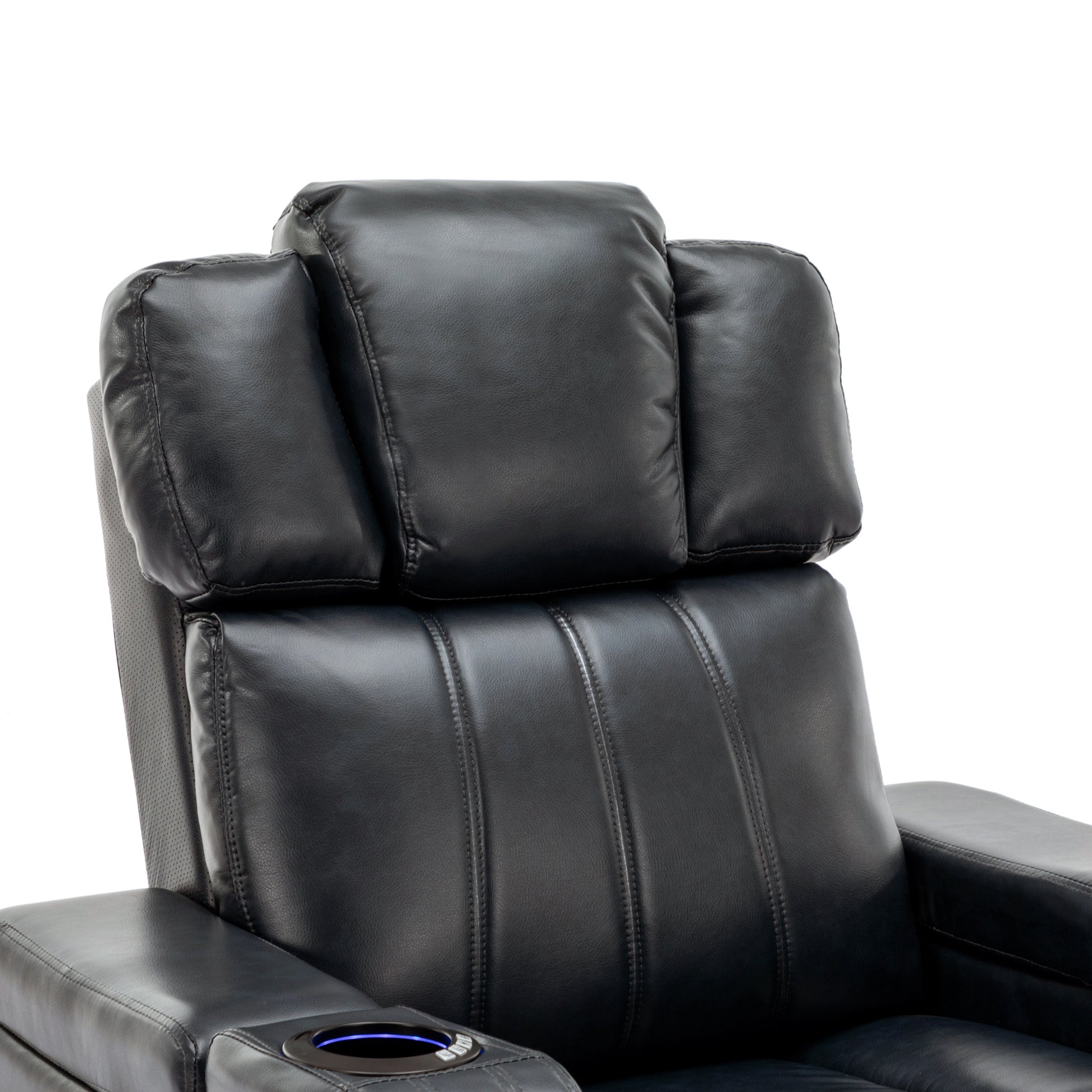 Pu Leather Power Recliner Individual Seat Home Theater Recliner With Cooling Cup Holder, Bluetooth Speaker, Led Lights, Usb Ports, Tray Table, Arm Storage For Living Room, Black Black Foam Pu