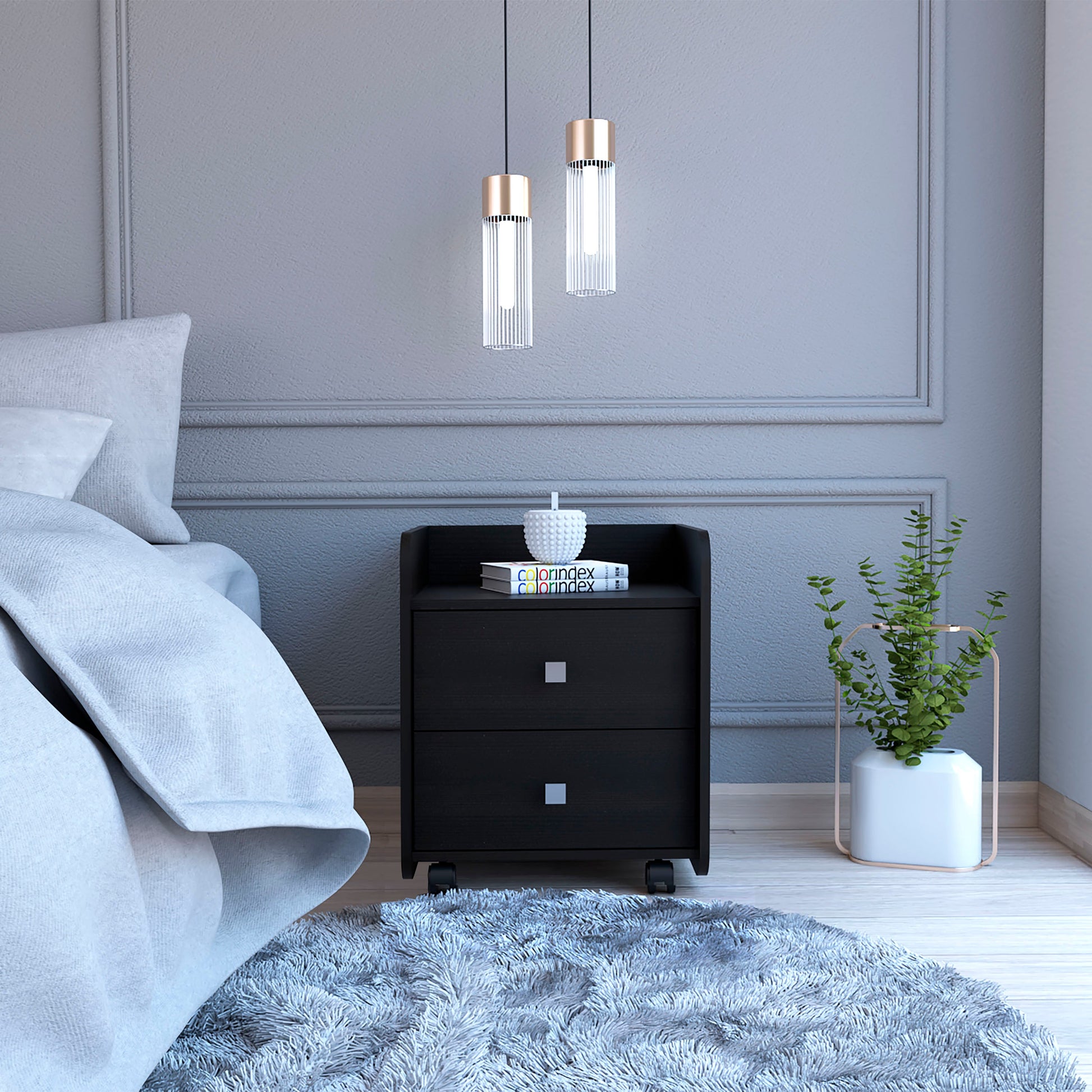 York Nightstand, Superior Top, Two Drawers, Four Casters Black Mdf Engineered Wood