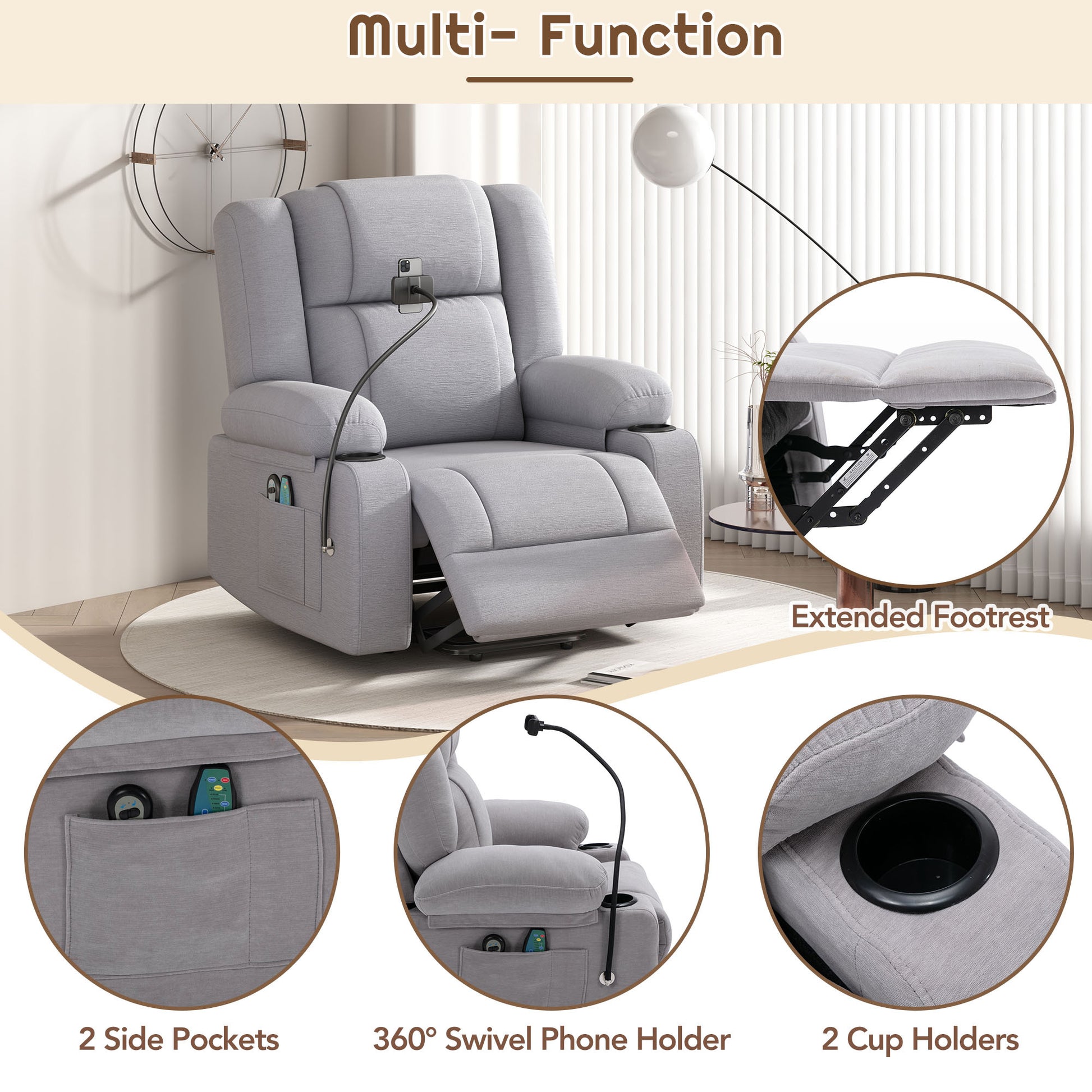 Power Lift Recliner Chair Electric Recliner For Elderly Recliner Chair With Massage And Heating Functions, Remote, Phone Holder Side Pockets And Cup Holders For Living Room, Grey Grey Foam Chenille