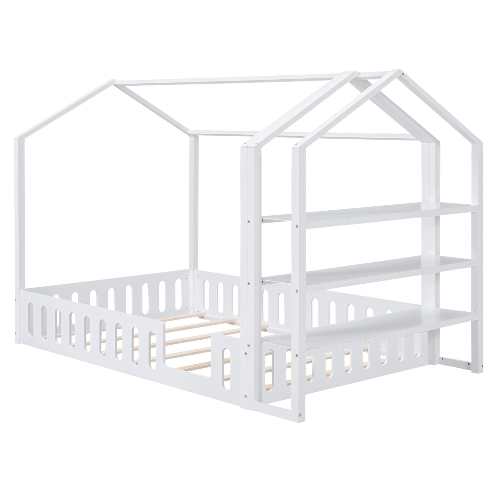 Full Size Wood House Bed With Fence And Detachable Storage Shelves, White Box Spring Not Required Full White Wood Bedroom Bed Frame Solid Wood Mdf