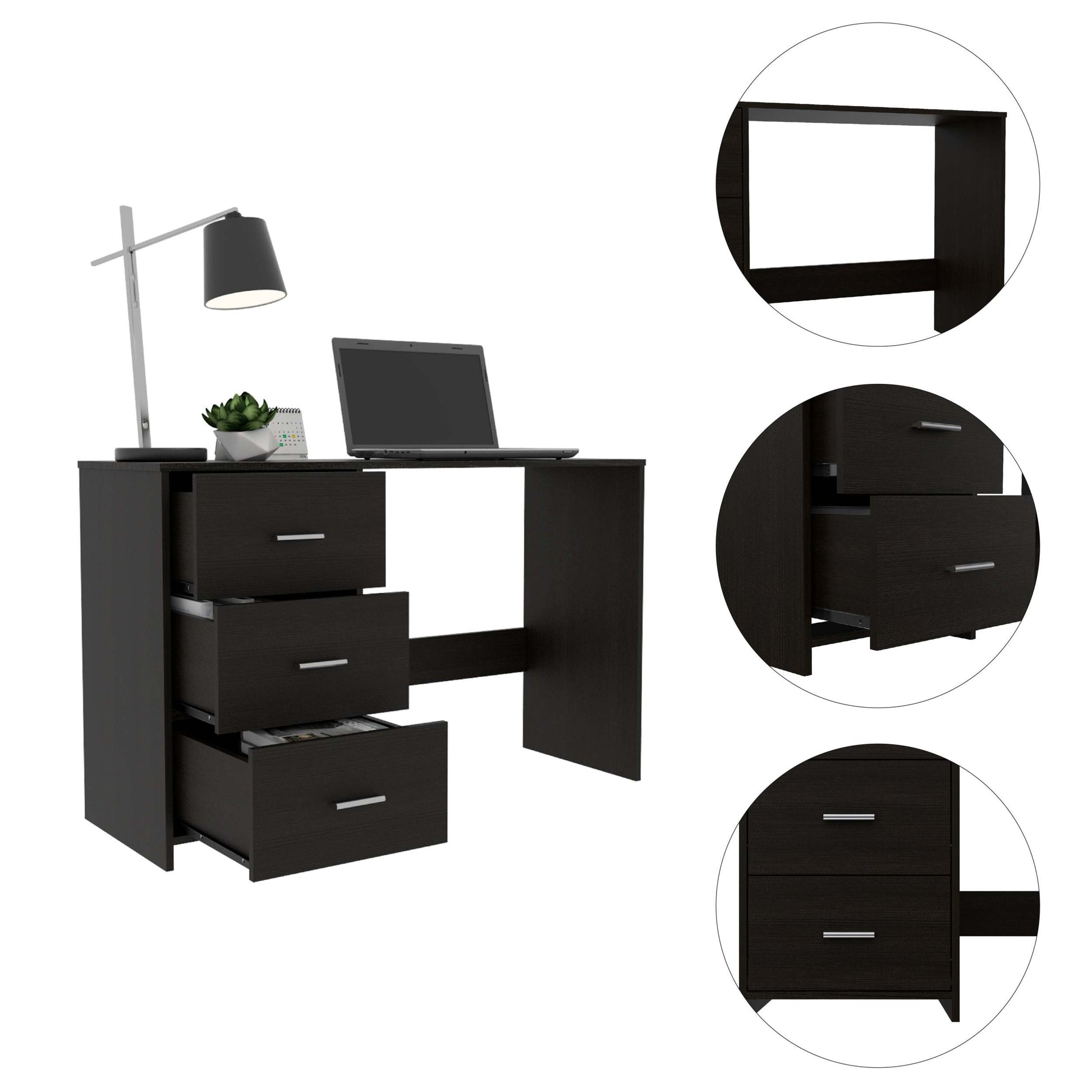 Berlin Three Drawers Desk Black Mdf Engineered Wood