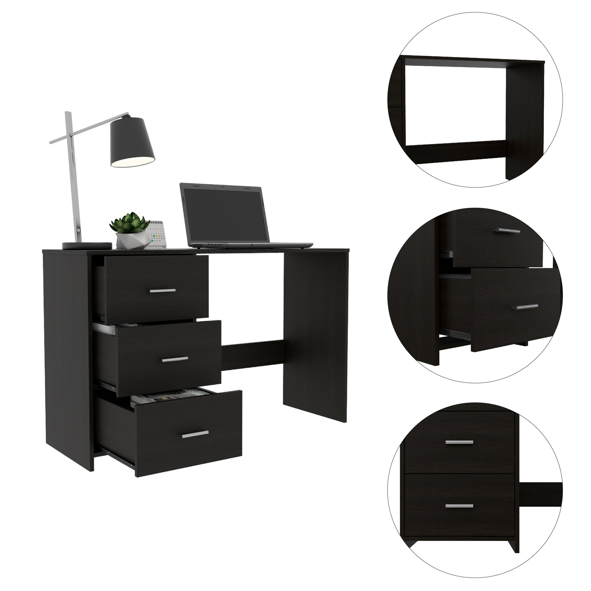 Berlin Three Drawers Desk Black Computer Desk Bedroom Modern Freestanding Rectangular Desk Rectangular Mdf Engineered Wood