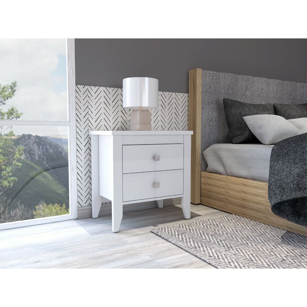 Breeze Four Legged Modern Bedroom Nightstand, With Two Drawers White Mdf Engineered Wood