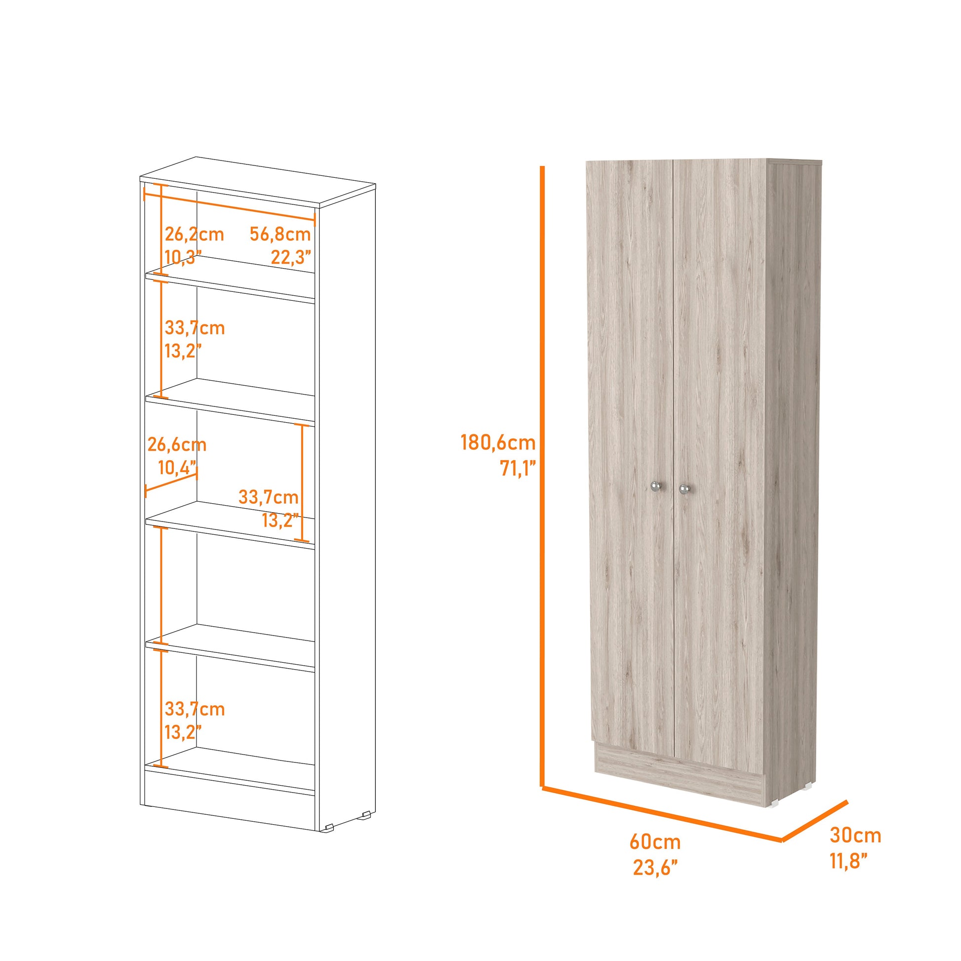 Virginia Double Door Storage Cabinet, Five Shelves 5 Or More Shelves Beige Primary Living Space Modern Mdf Engineered Wood