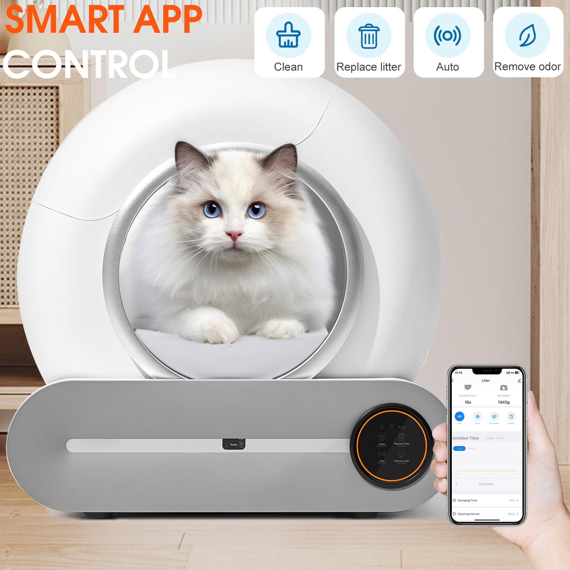 Self Cleaning Cat Litter Box, Automatic Scooping And Odor Removal, App Control Support 2.4G Wifi, Smart Automatic Cat Litter Box With Liner White Gray Polypropylene