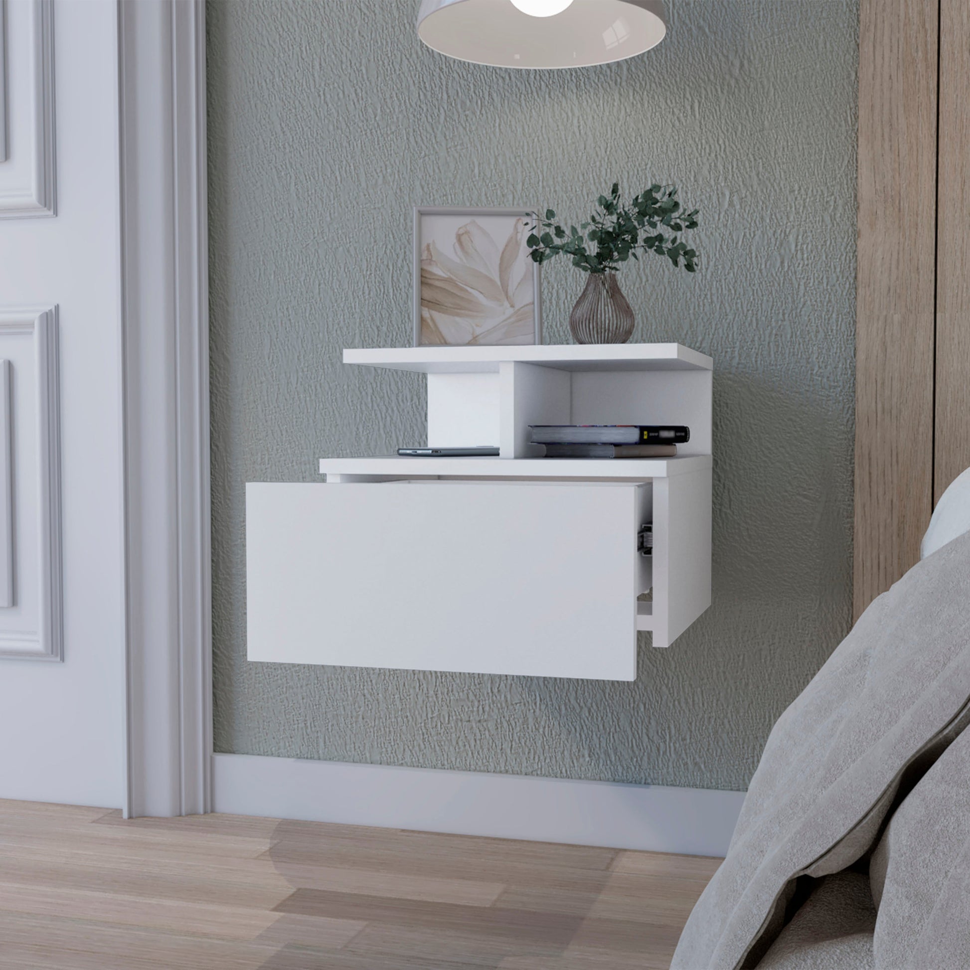 Augusta Floating Nightstand With 2 Tier Shelf And 1 Drawer White 1 Drawer Bedroom Rectangle Modern Mdf Engineered Wood