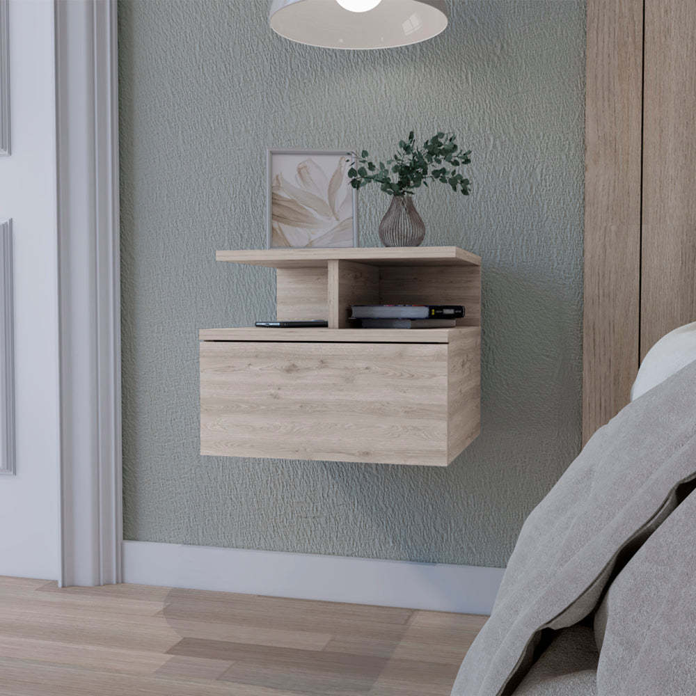 Augusta Floating Nightstand With 2 Tier Shelf And 1 Drawer Beige Mdf Engineered Wood