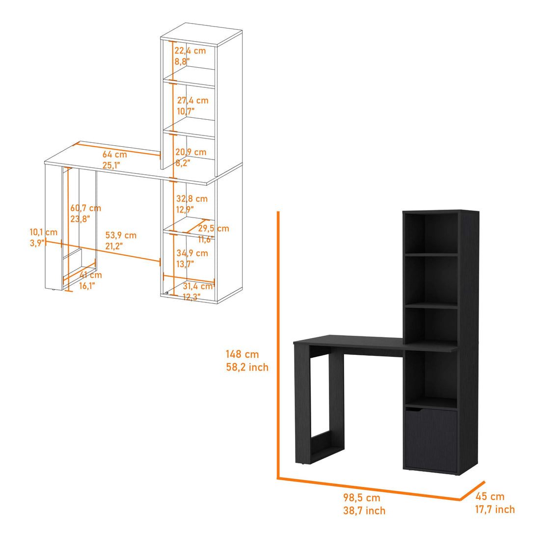 Anson Computer Desk With 4 Tier Bookcase And 1 Door Cabinet White Mdf Engineered Wood