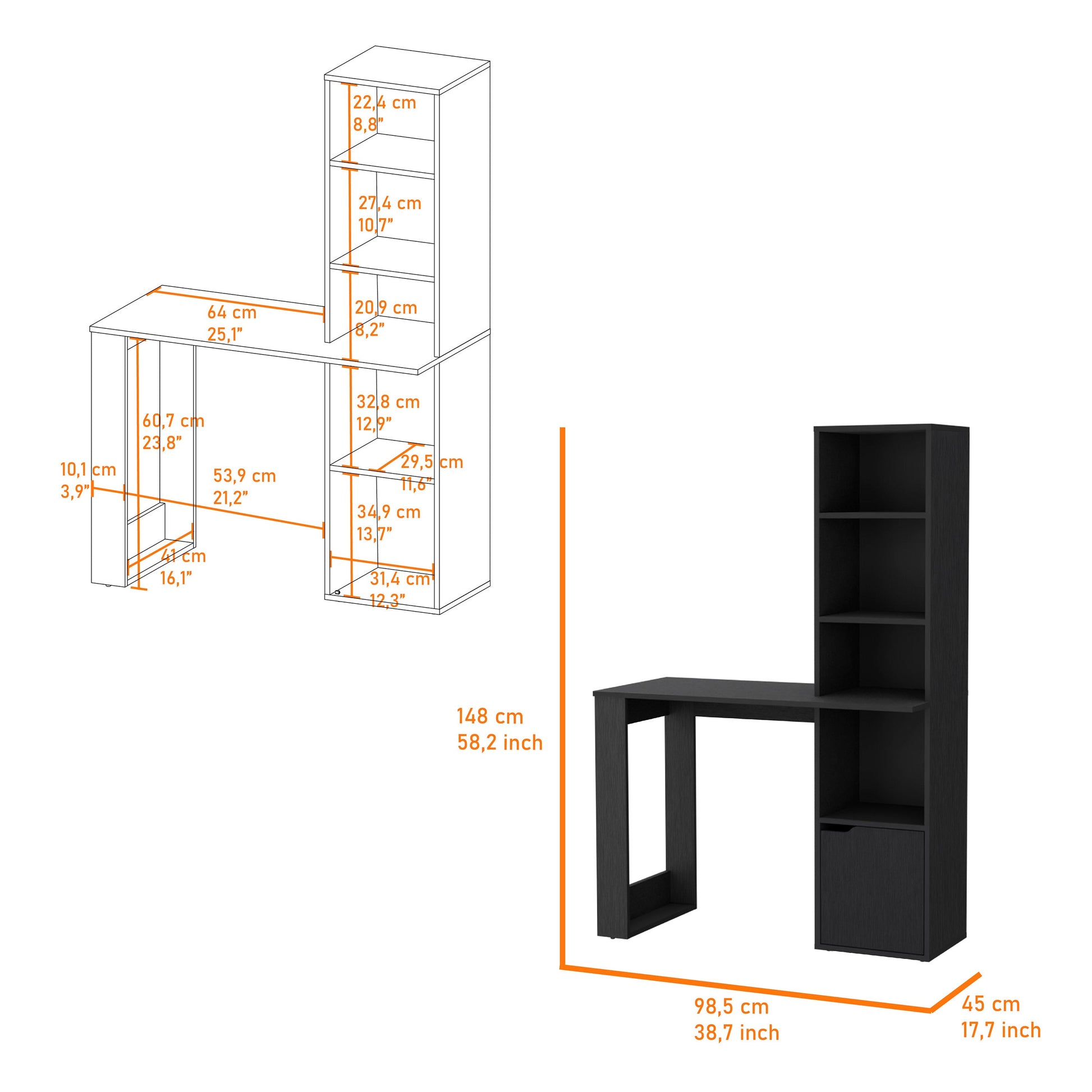 Anson Computer Desk With 4 Tier Bookcase And 1 Door Cabinet Black Computer Desk Office Modern Freestanding Rectangular Bookcase Desk Rectangular Mdf Engineered Wood