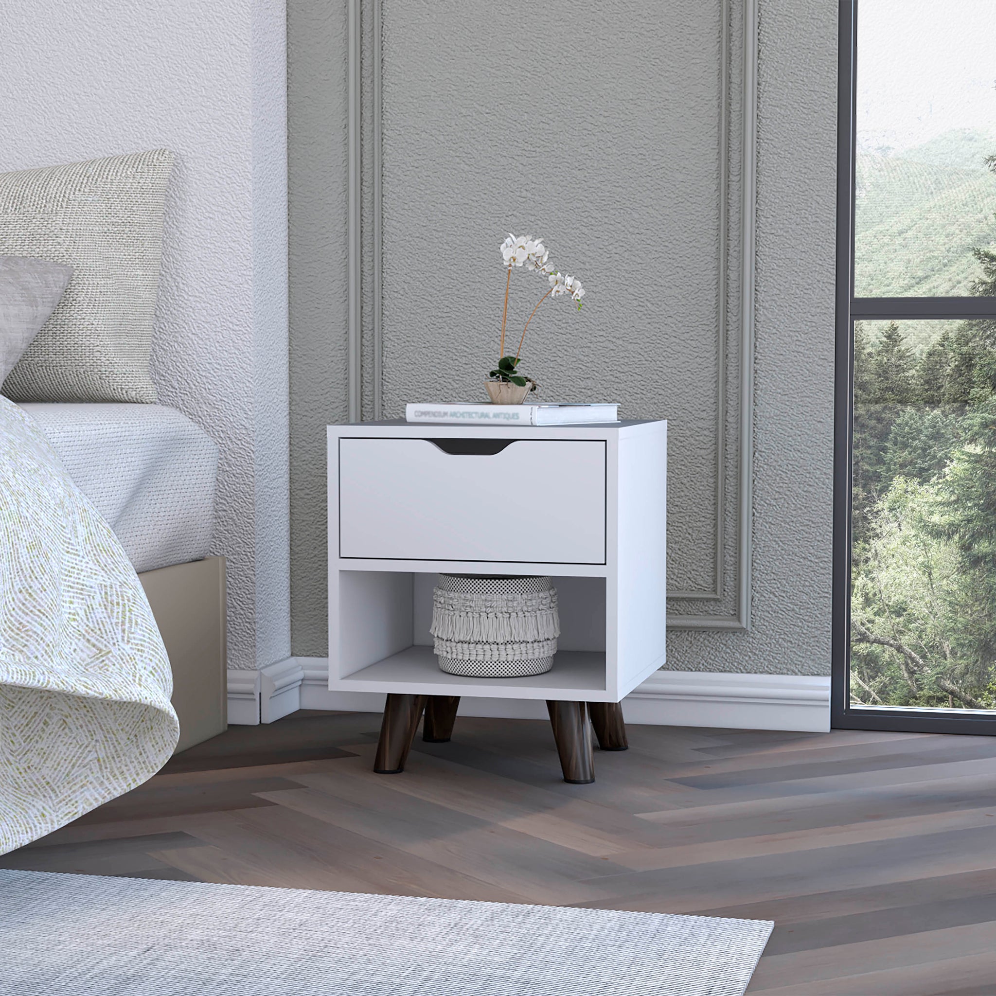 Carthage Nightstand With 1 Drawer, 1 Open Storage Shelf And Wooden Legs White 1 Drawer Bedroom Rectangle Modern Drawers Mdf Engineered Wood