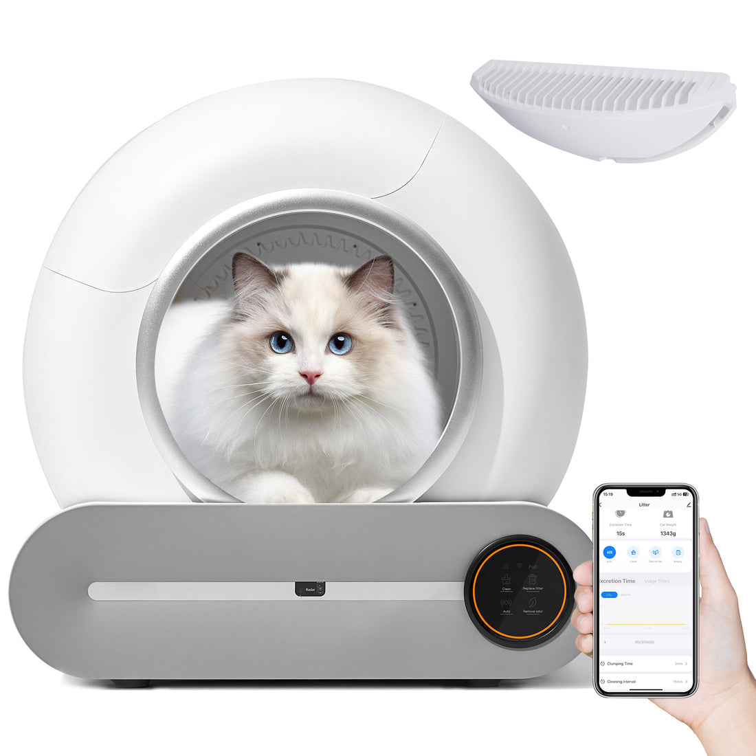 Self Cleaning Cat Litter Box, Automatic Scooping And Odor Removal, App Control Support 2.4G Wifi, Smart Automatic Cat Litter Box With Liner White Gray Polypropylene