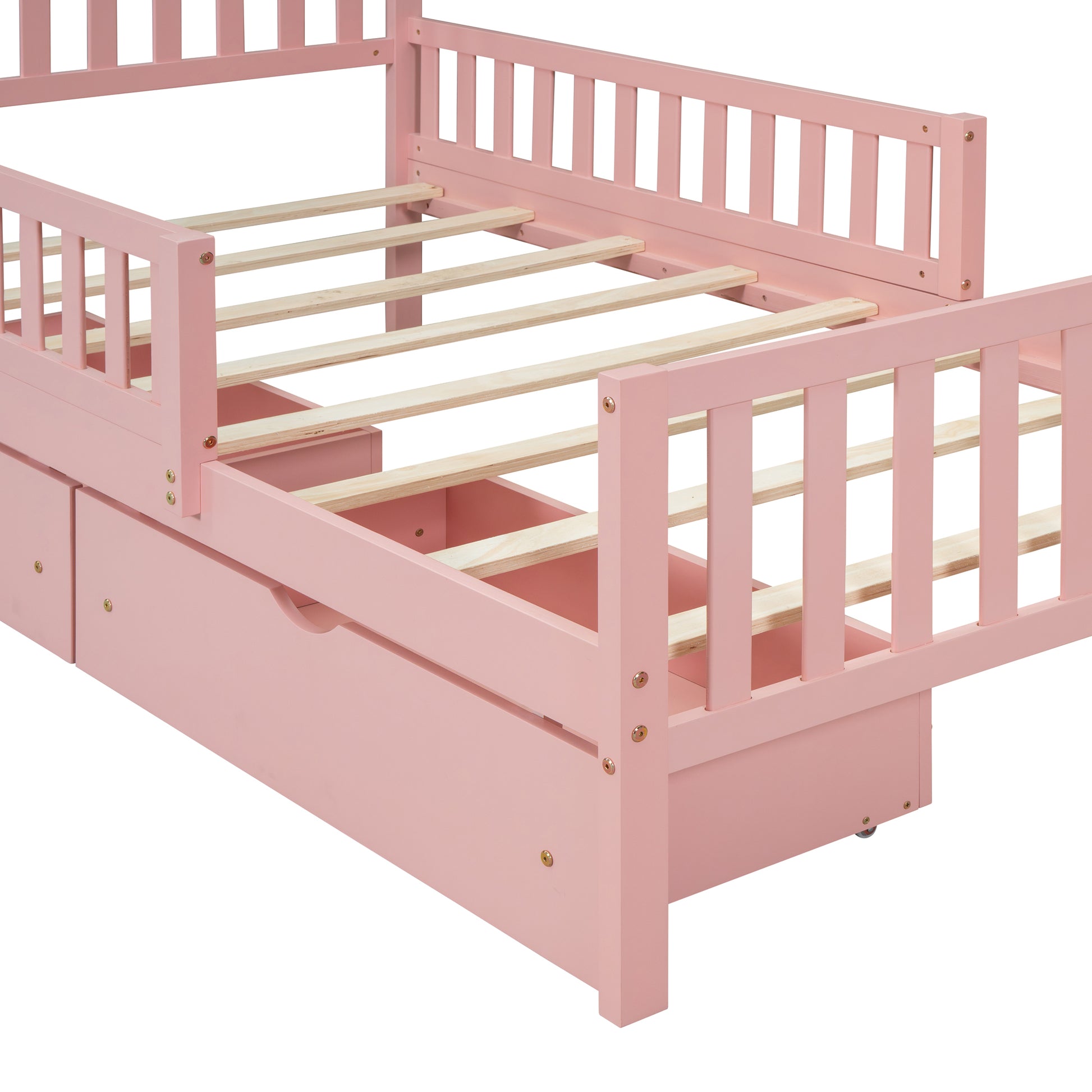 Twin Size Wood Platform Bed With Guardrails On Both Sides And Two Storage Drawers ,Pink Twin Pink Wood