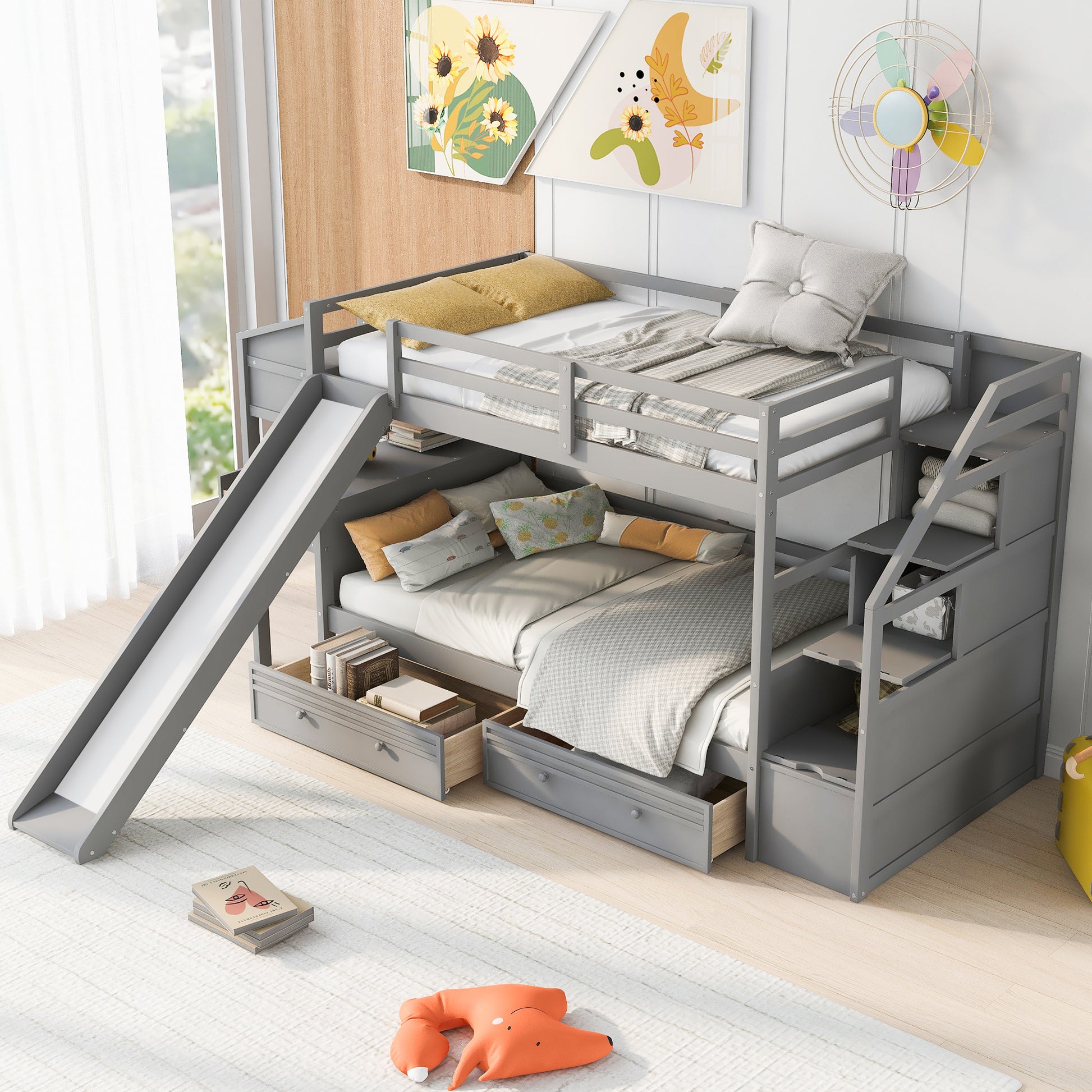 Twin Over Twin Bunk Bed With Storage Staircase, Slide And Drawers, Desk With Drawers And Shelves, Gray Box Spring Not Required Twin Gray Wood Bedroom Bunk Pine