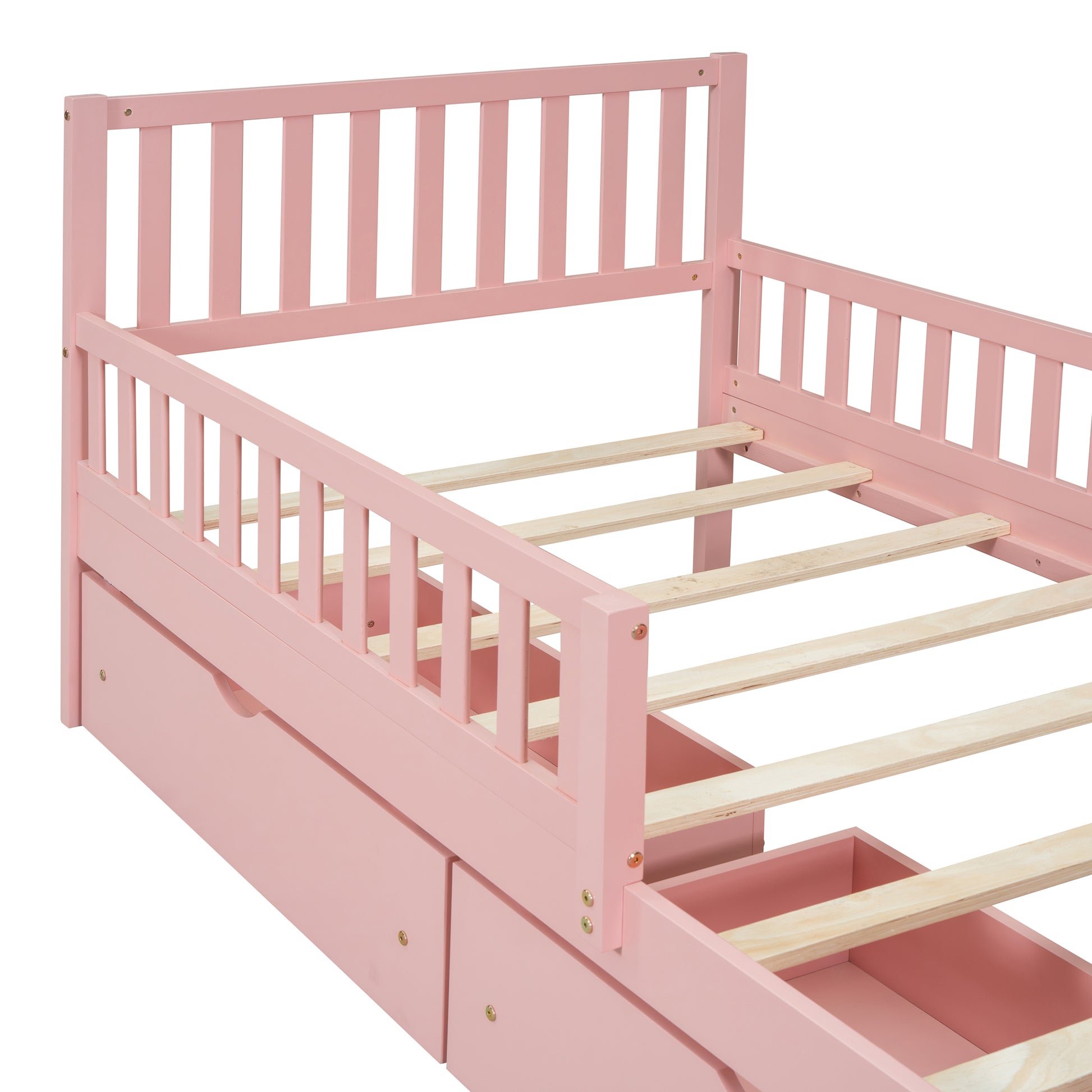 Twin Size Wood Platform Bed With Guardrails On Both Sides And Two Storage Drawers ,Pink Twin Pink Wood