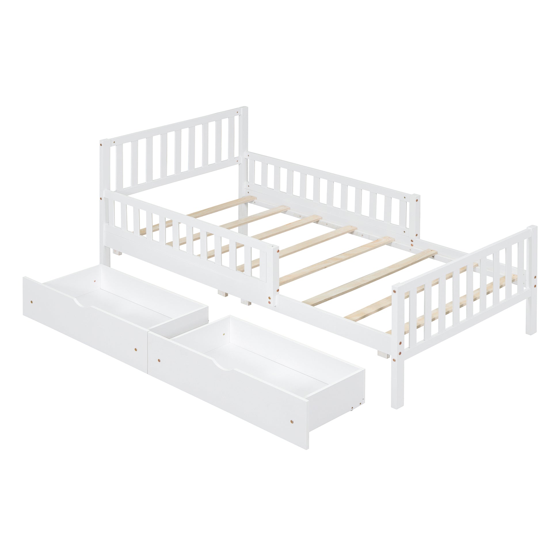 Twin Size Wood Platform Bed With Guardrails On Both Sides And Two Storage Drawers ,White Twin White Wood